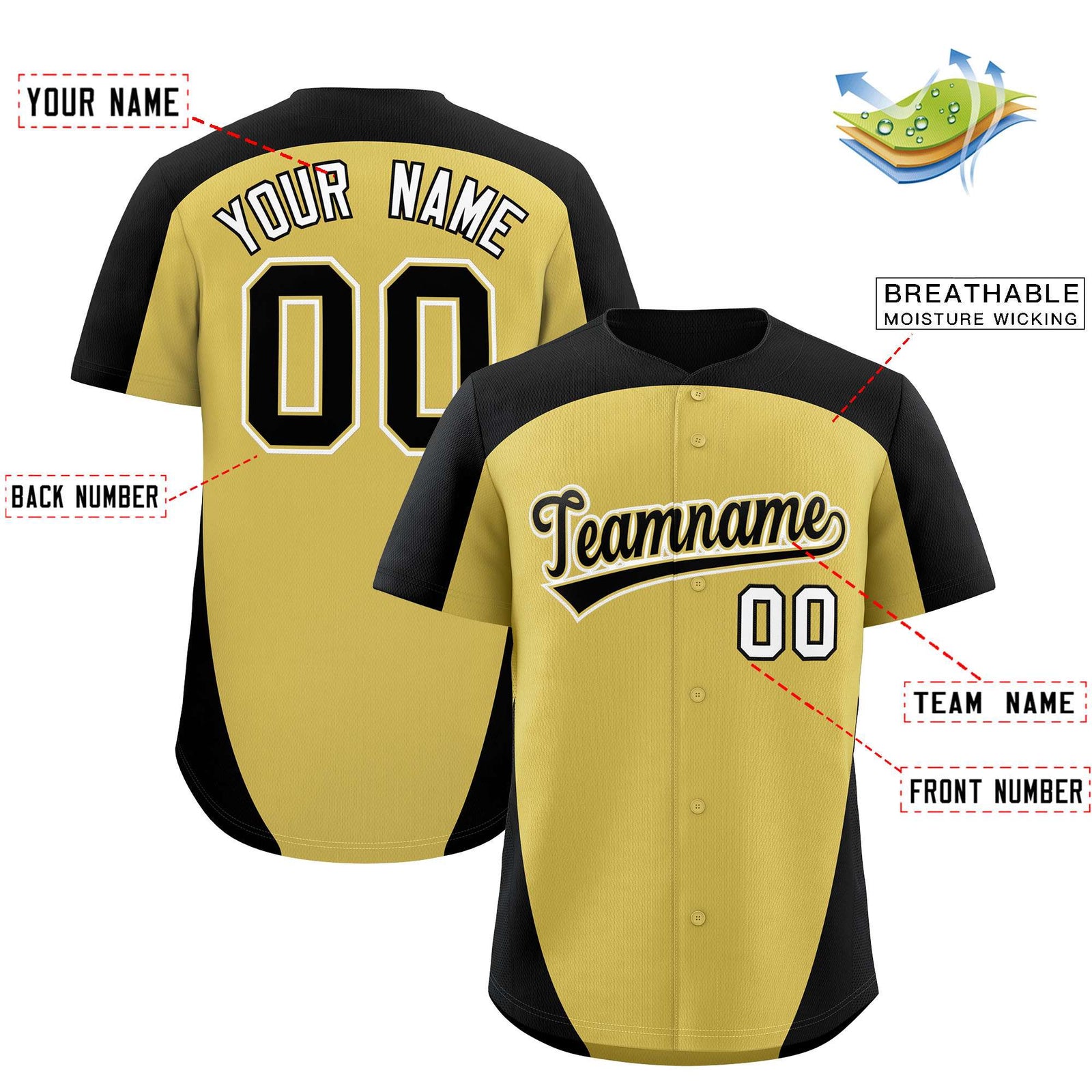 Custom Old Gold Black Personalized Edge Color Block Authentic Baseball Jersey
