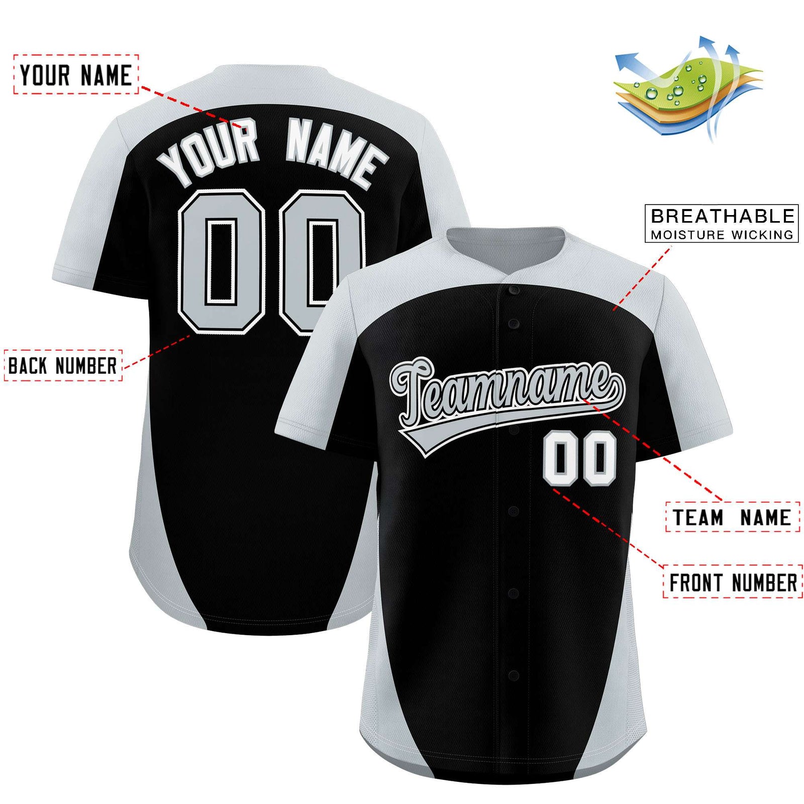 Custom Black Silver Personalized Edge Color Block Authentic Baseball Jersey