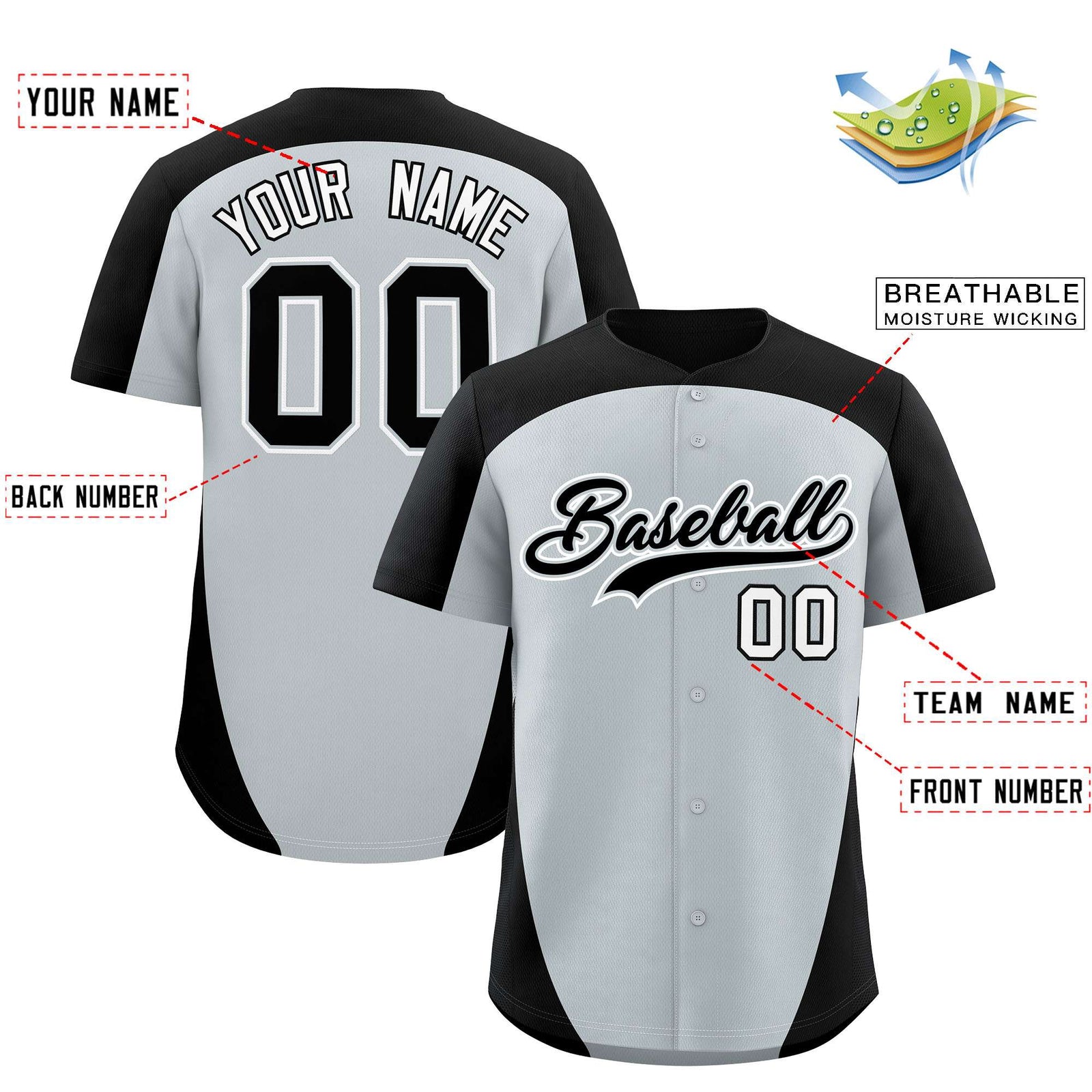 Custom Silver Black Personalized Edge Color Block Authentic Baseball Jersey