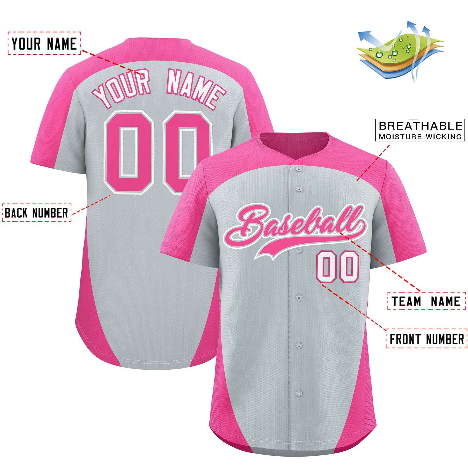 Custom Silver Pink Personalized Edge Color Block Authentic Baseball Jersey