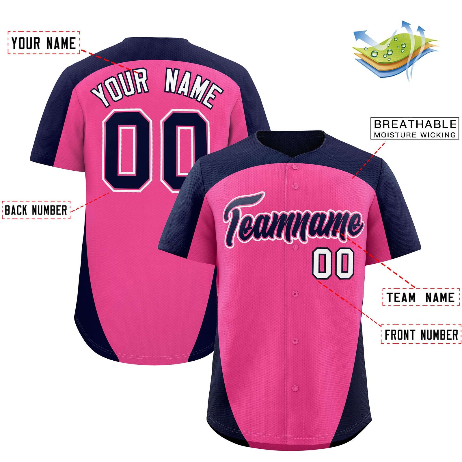 Custom Pink Navy Personalized Edge Color Block Authentic Baseball Jersey