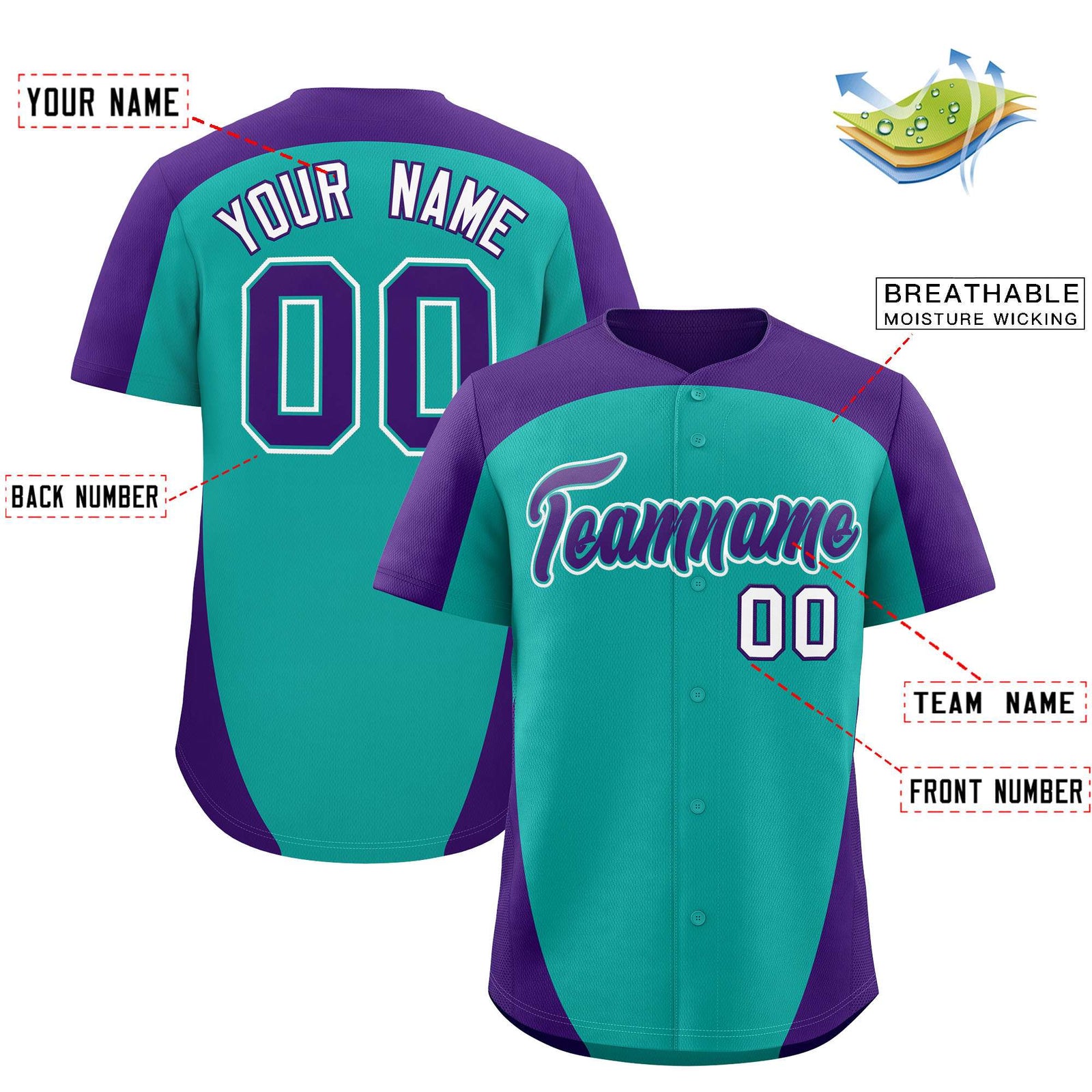Custom Aqua Purple Personalized Edge Color Block Authentic Baseball Jersey