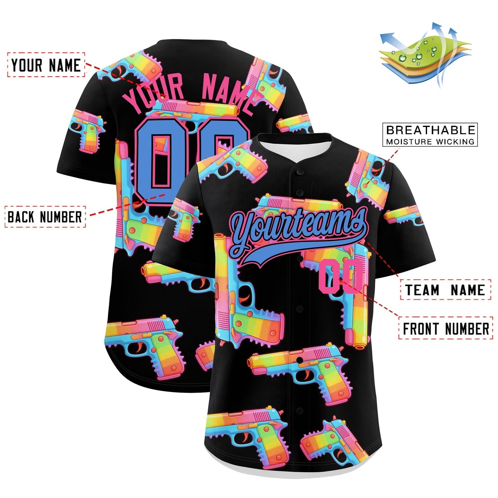Custom Youth Baseball Jersey Black Powder Blue Sugar-Coated Firepower Graffiti Pattern Hip-hop