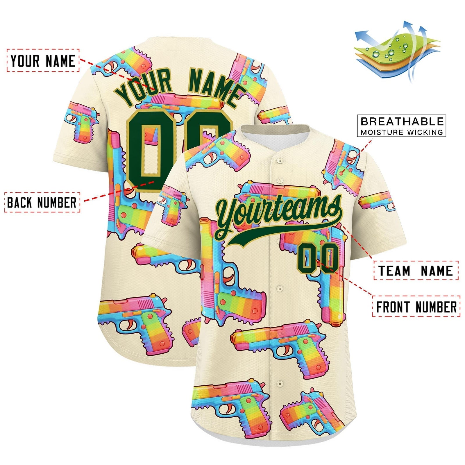 Custom Youth Baseball Jersey Cream Dark Green Sugar-Coated Firepower Graffiti Pattern Urban Fashion