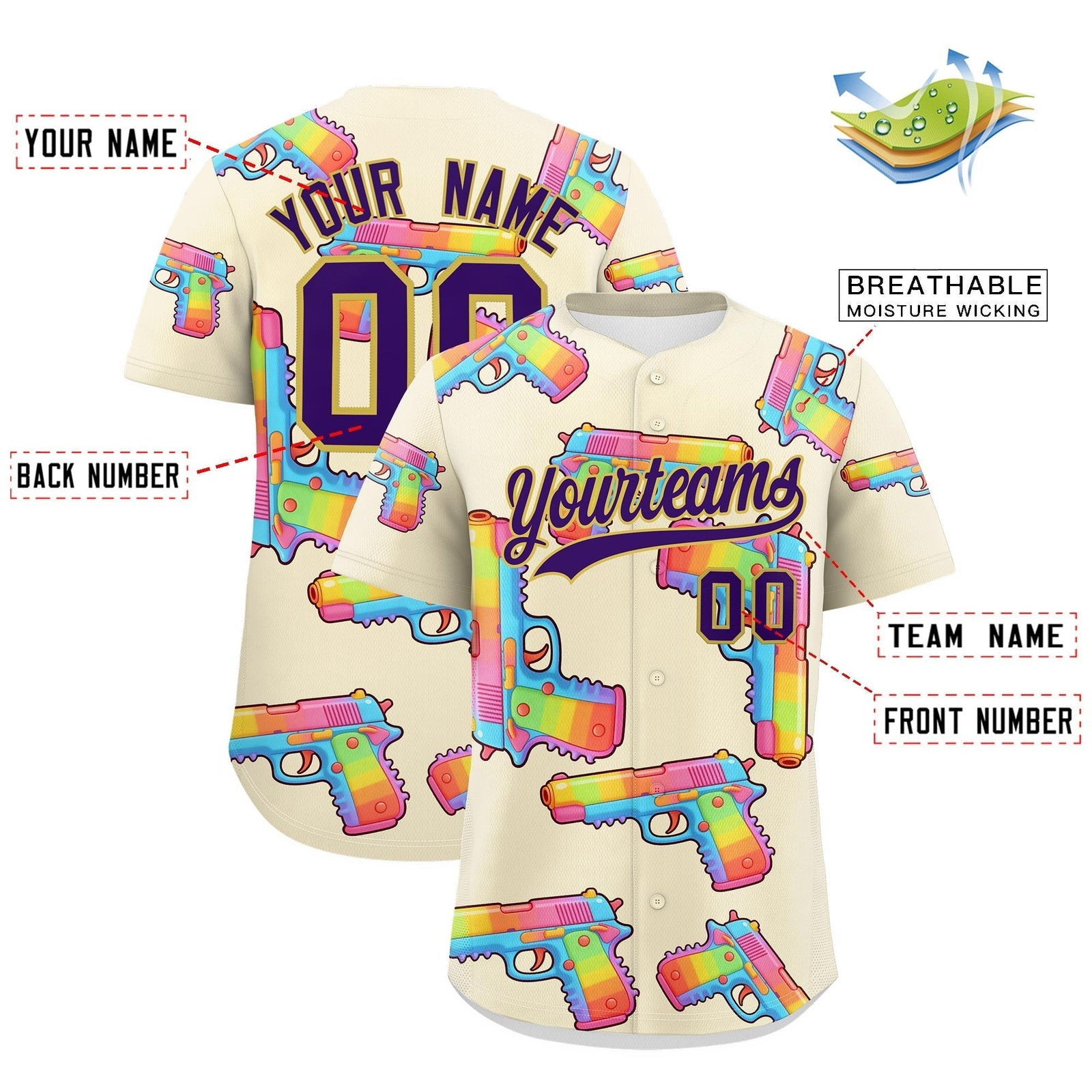 Custom Youth Baseball Jersey Cream Purple Sugar-Coated Firepower Graffiti Pattern Street Style