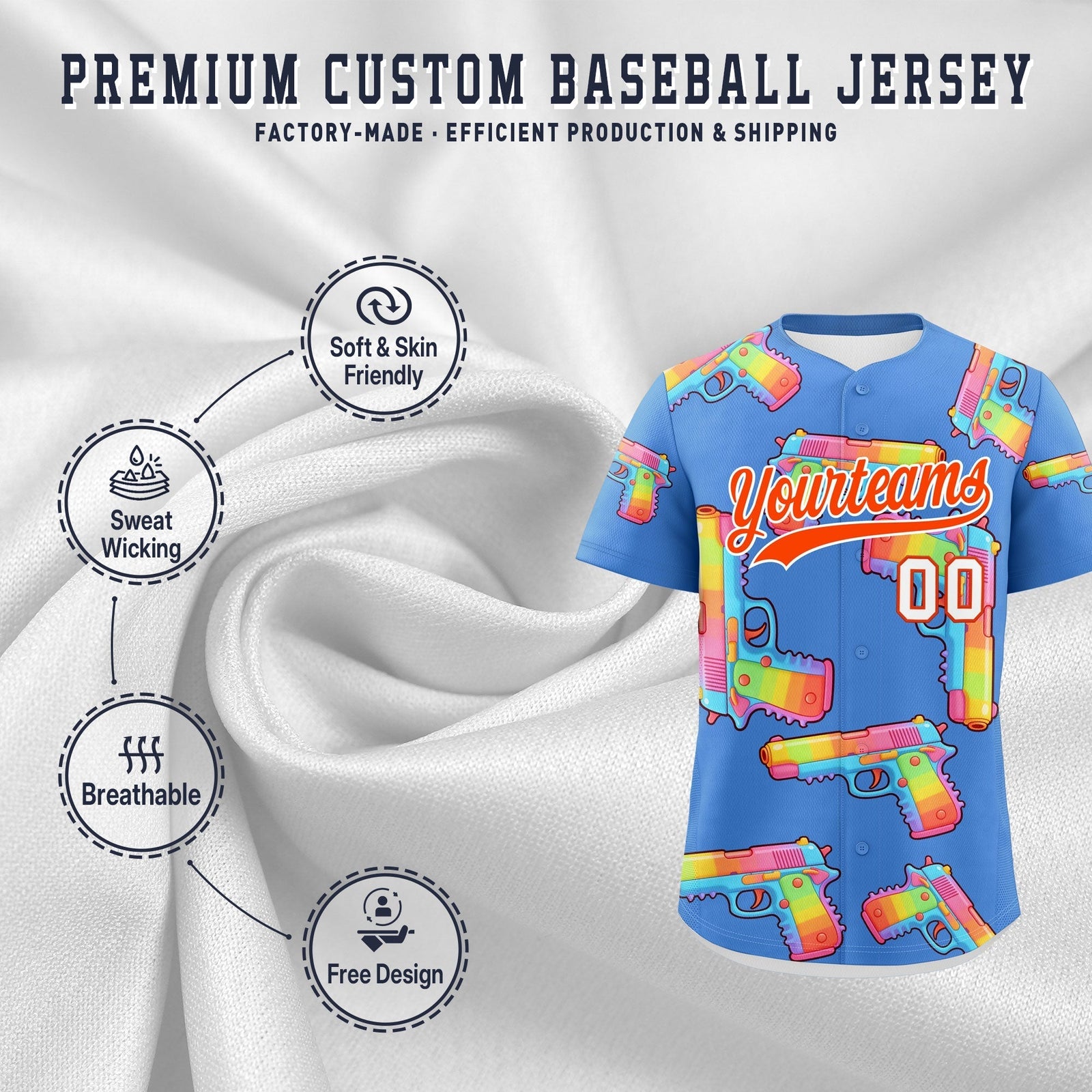 Custom Youth Baseball Jersey Powder Blue Orange Sugar-Coated Firepower Graffiti Pattern Hip-hop