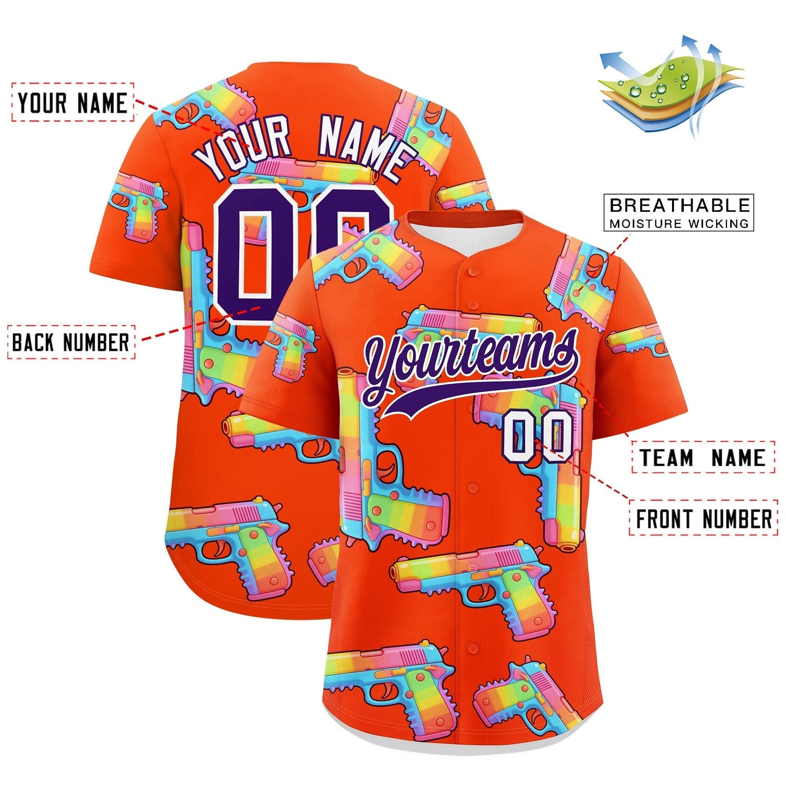 Custom Youth Baseball Jersey Orange Purple Sugar-Coated Firepower Graffiti Pattern Street Style