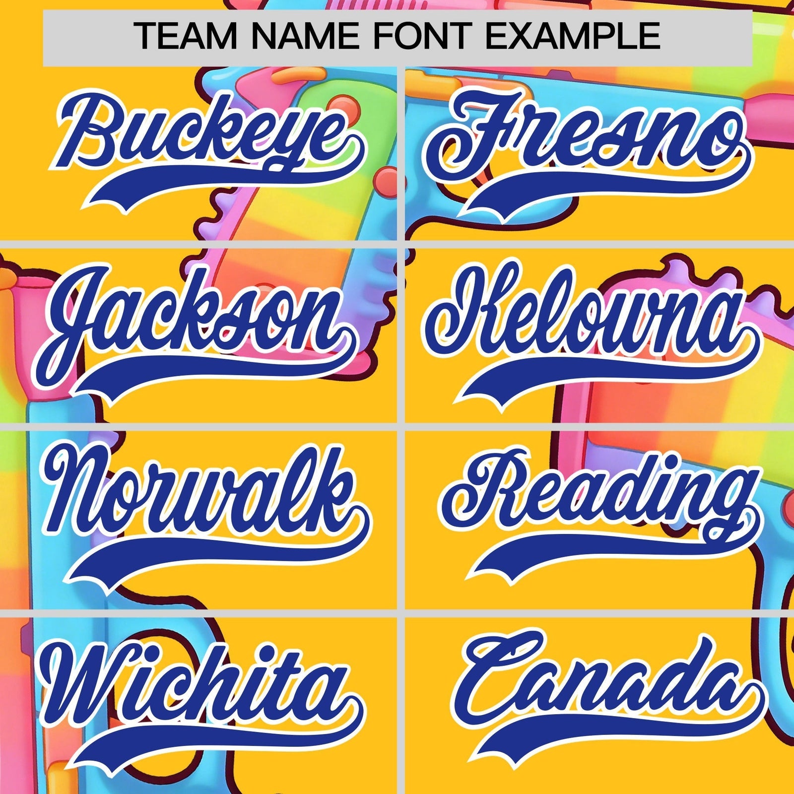 Custom Youth Baseball Jersey Yellow Royal Blue Sugar-Coated Firepower Graffiti Pattern Street Style