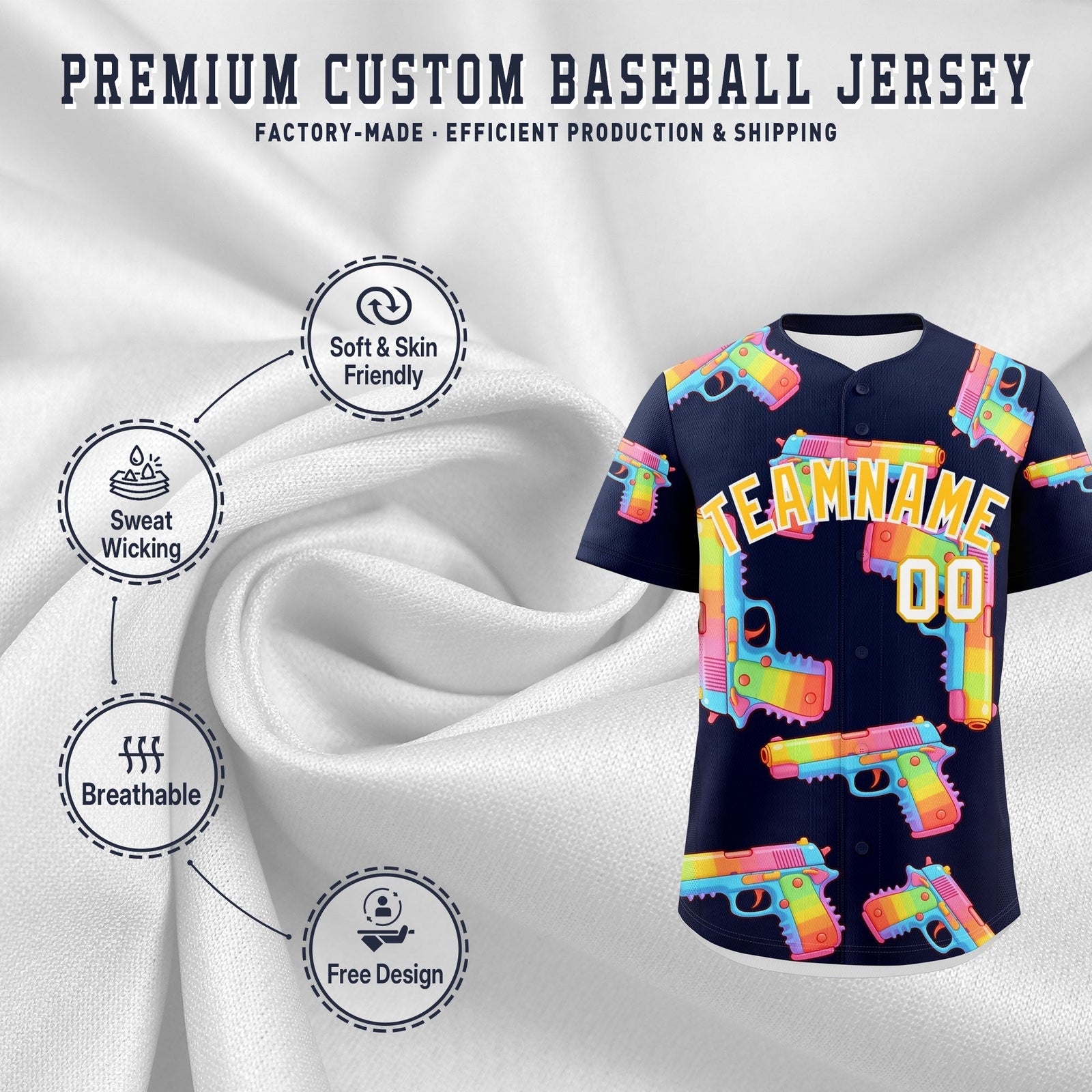 Custom Youth Baseball Jersey Navy Yellow Sugar-Coated Firepower Graffiti Pattern Hip-hop