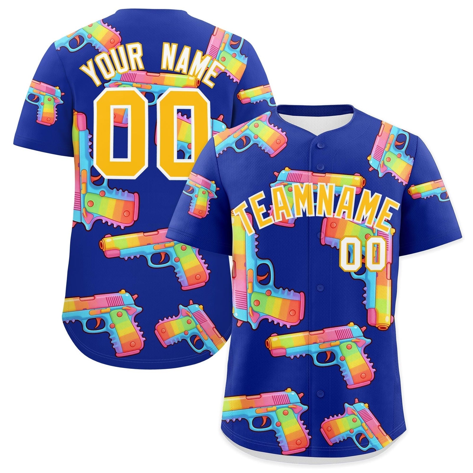 Custom Youth Baseball Jersey Royal Blue Yellow Sugar-Coated Firepower Graffiti Pattern Hip-hop