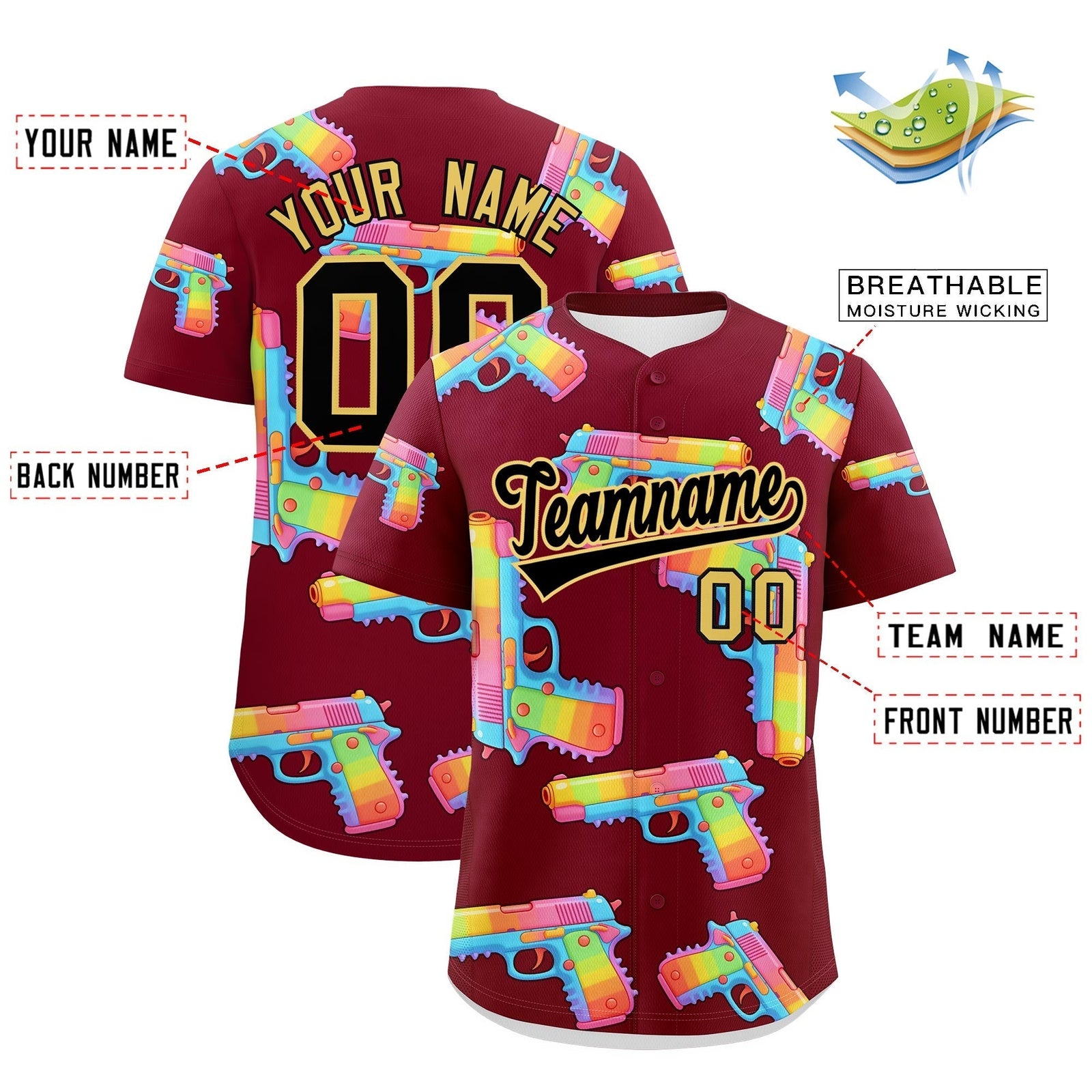 Custom Youth Baseball Jersey Crimson Black Khaki Sugar-Coated Firepower Graffiti Pattern Street Style