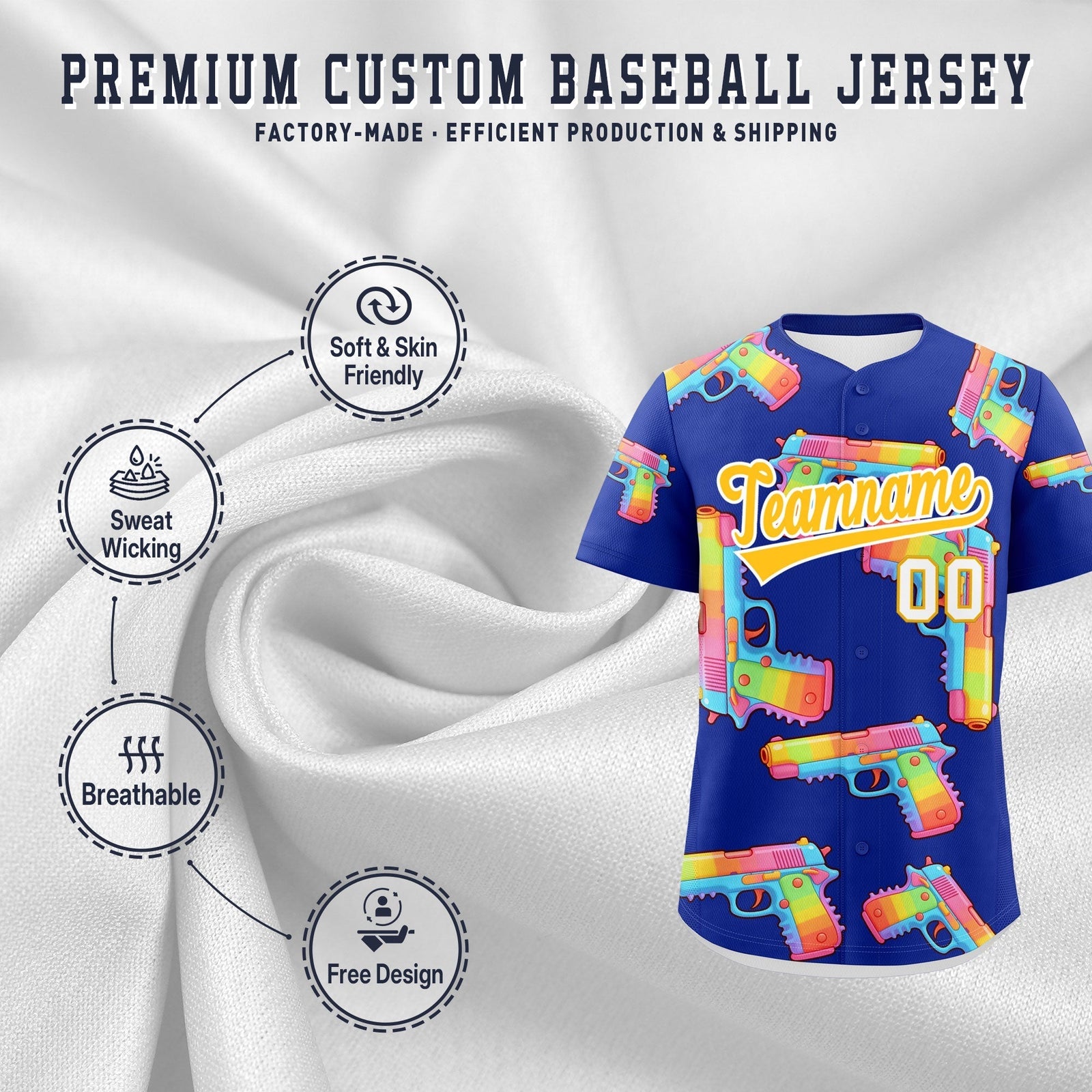 Custom Youth Baseball Jersey Royal Blue Yellow Sugar-Coated Firepower Graffiti Pattern Hip-hop