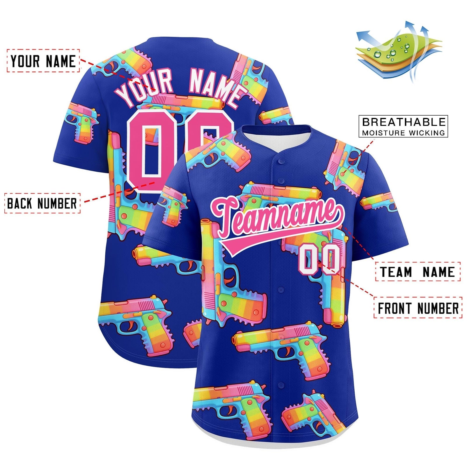 Custom Youth Baseball Jersey Royal Blue Pink Sugar-Coated Firepower Graffiti Pattern Urban Fashion