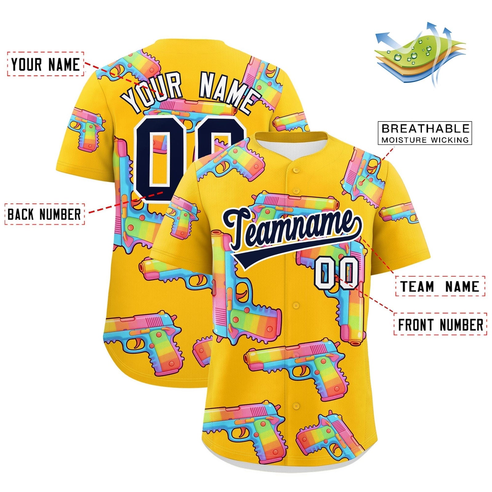 Custom Youth Baseball Jersey Yellow Navy Sugar-Coated Firepower Graffiti Pattern Street Style