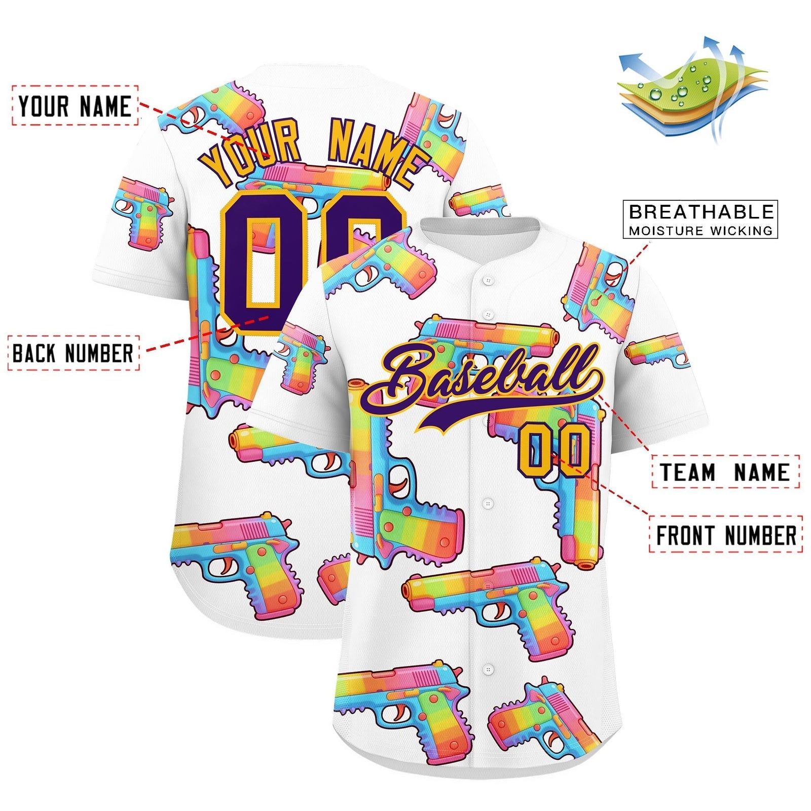 Custom Youth Baseball Jersey White Purple Sugar-Coated Firepower Graffiti Pattern Hip-hop