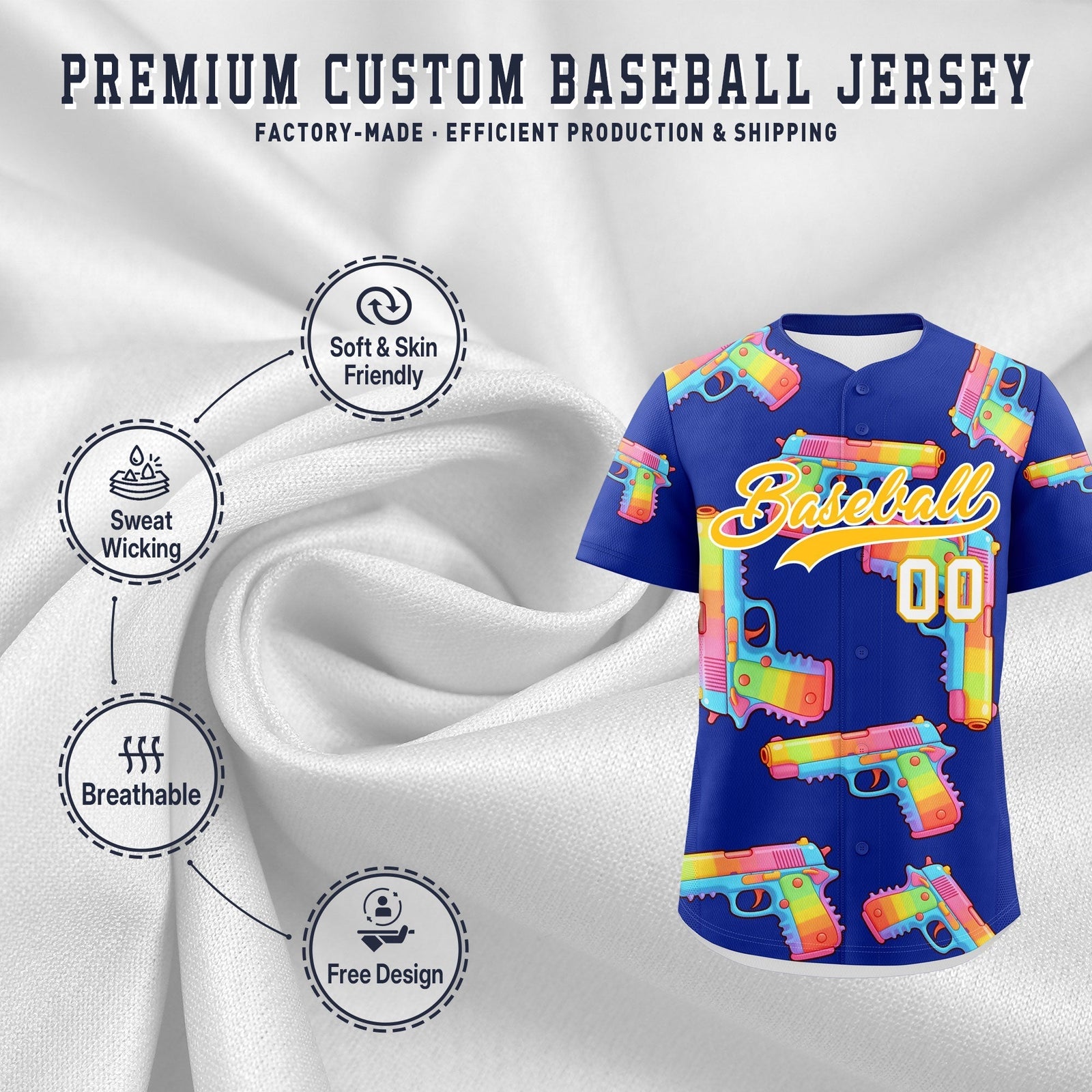 Custom Youth Baseball Jersey Royal Blue Yellow Sugar-Coated Firepower Graffiti Pattern Hip-hop