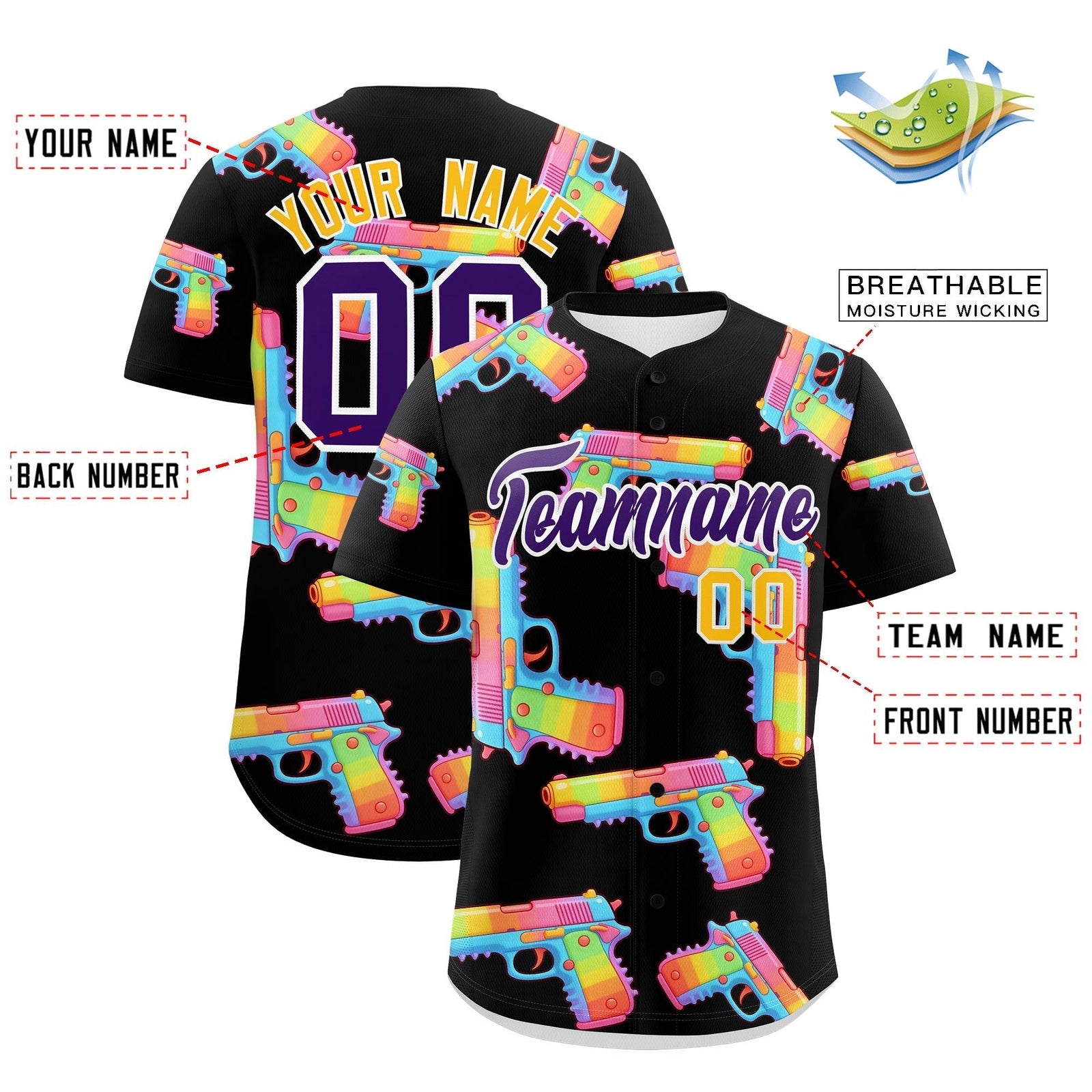 Custom Youth Baseball Jersey Black Purple Sugar-Coated Firepower Graffiti Pattern Urban Fashion