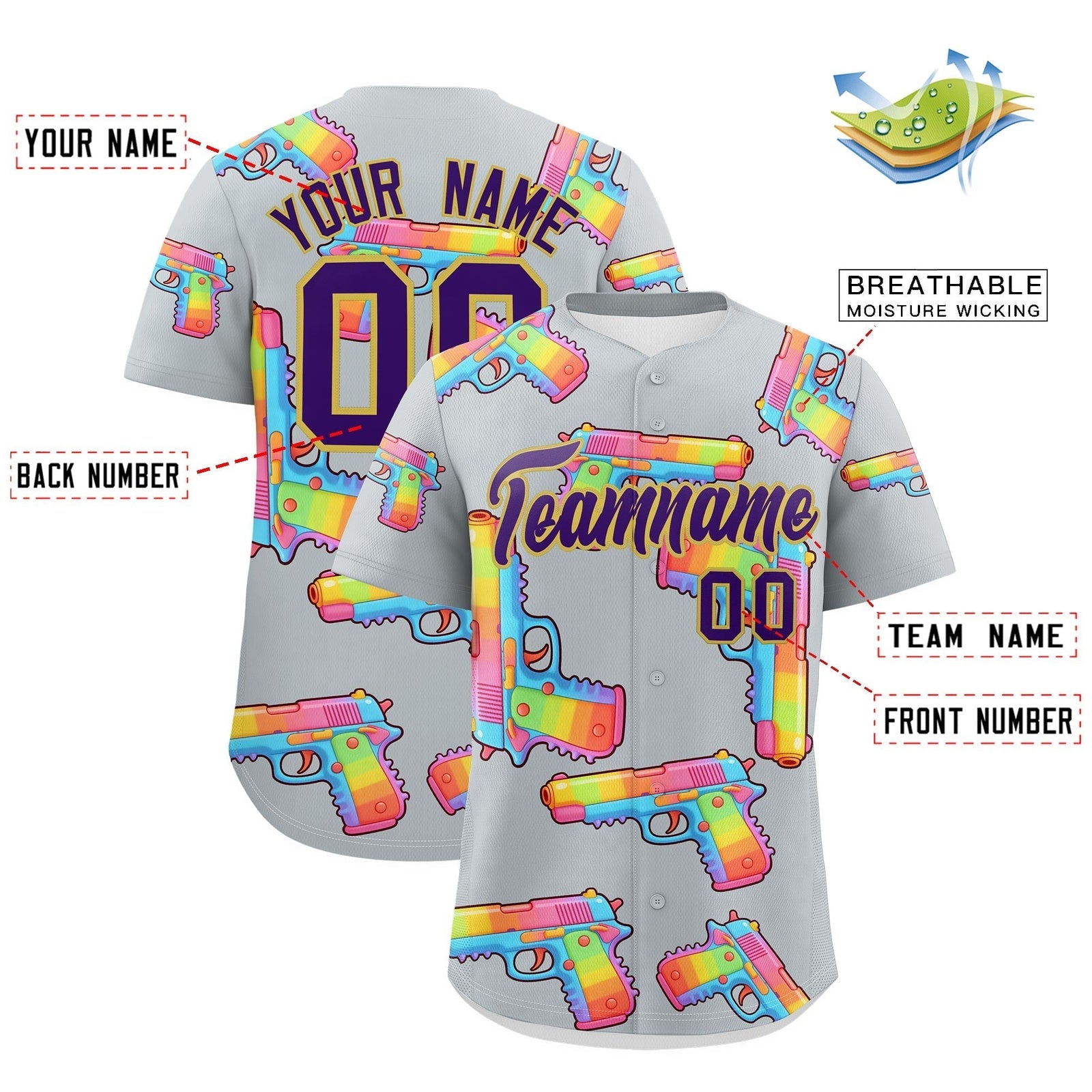 Custom Youth Baseball Jersey Silver Purple Sugar-Coated Firepower Graffiti Pattern Urban Fashion