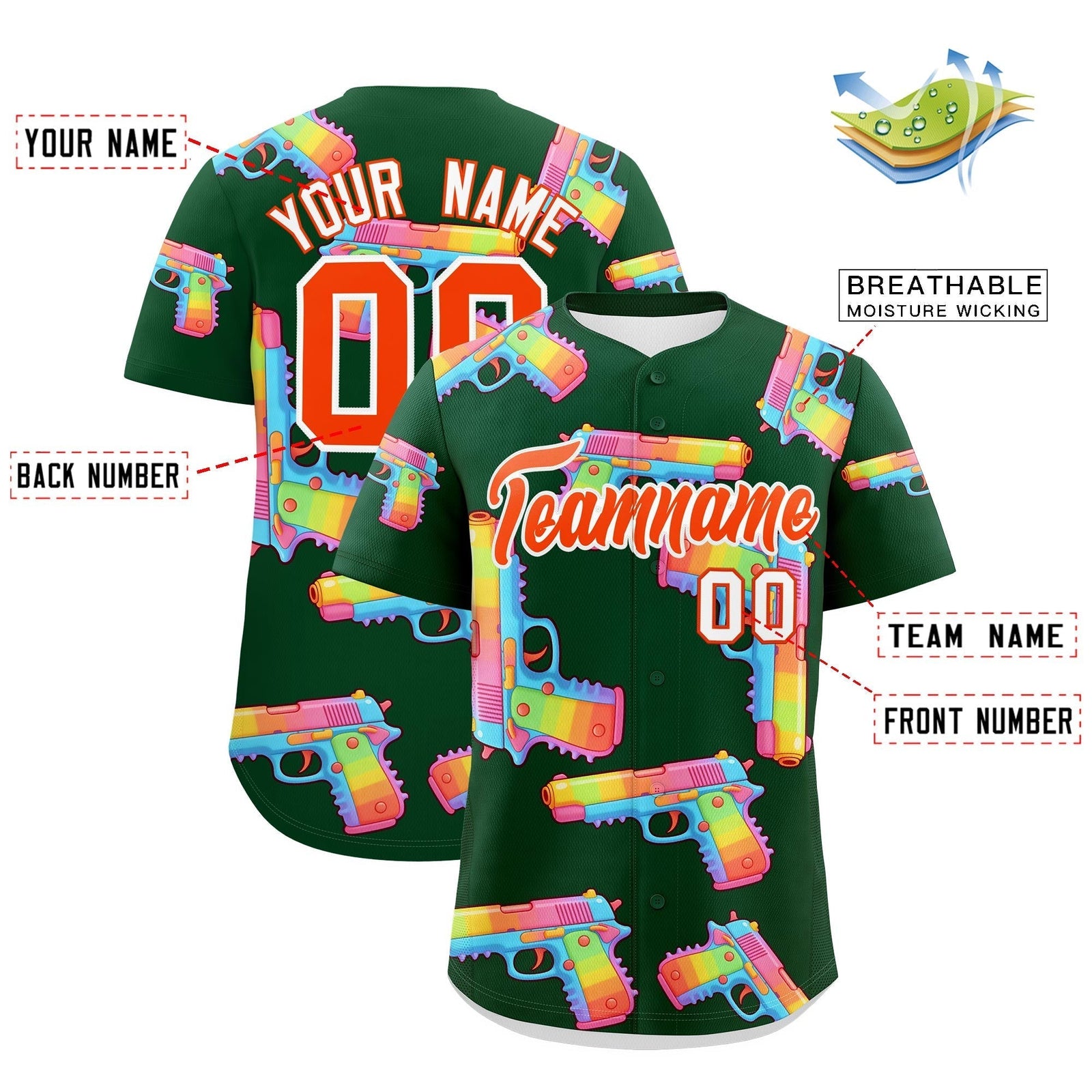 Custom Youth Baseball Jersey Dark Green Orange Sugar-Coated Firepower Graffiti Pattern Hip-hop
