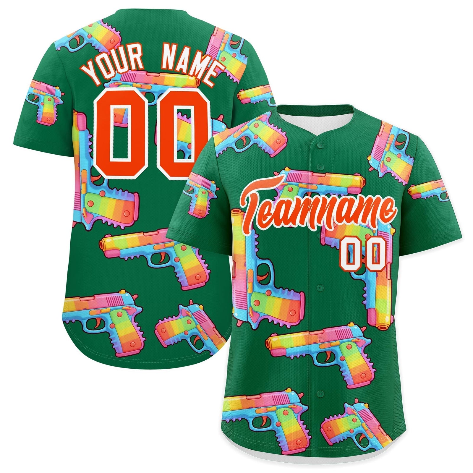 Custom Youth Baseball Jersey Kelly Green Orange Sugar-Coated Firepower Graffiti Pattern Street Style