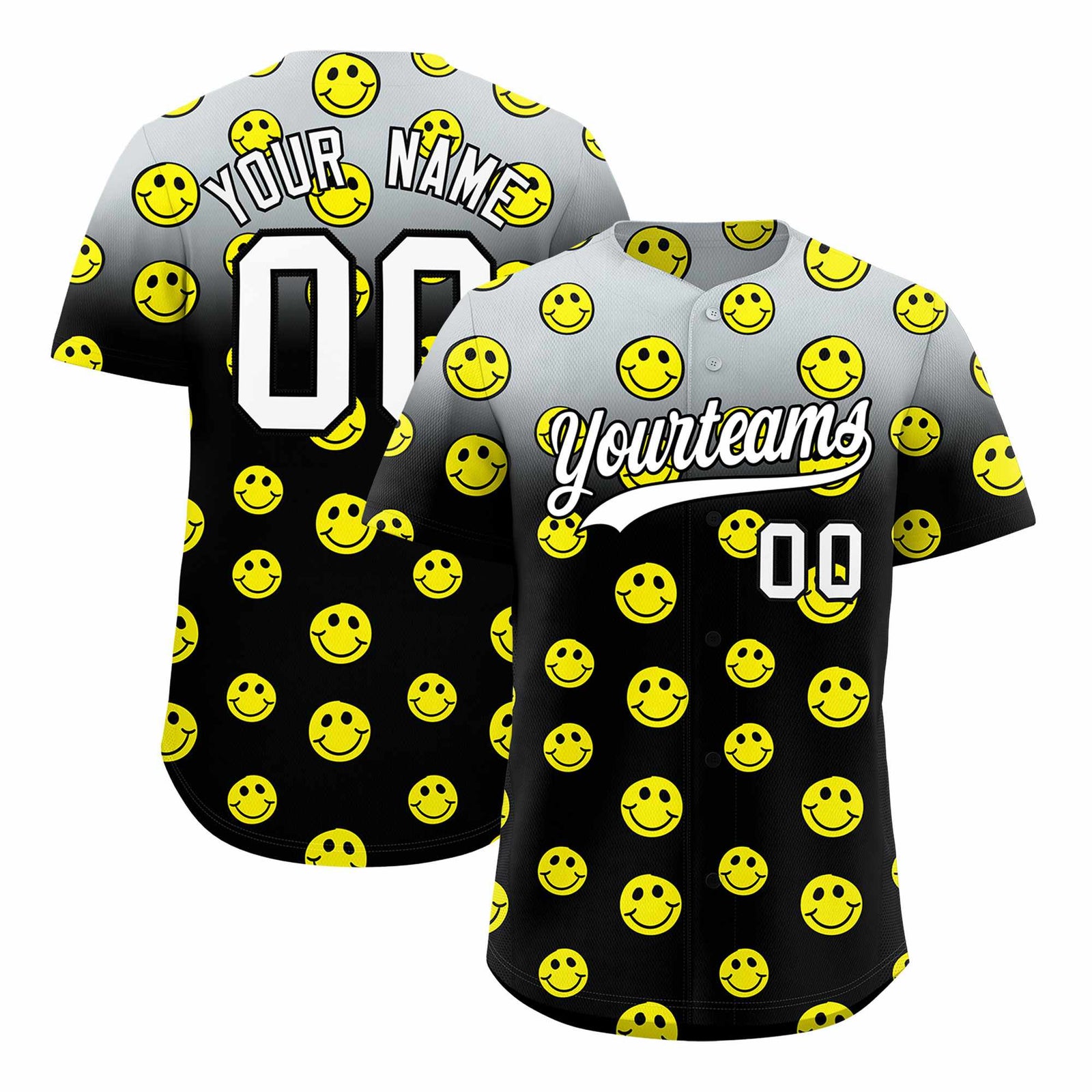 Custom Silver Black Graffiti Gradient Pattern Authentic Smile Baseball Jersey