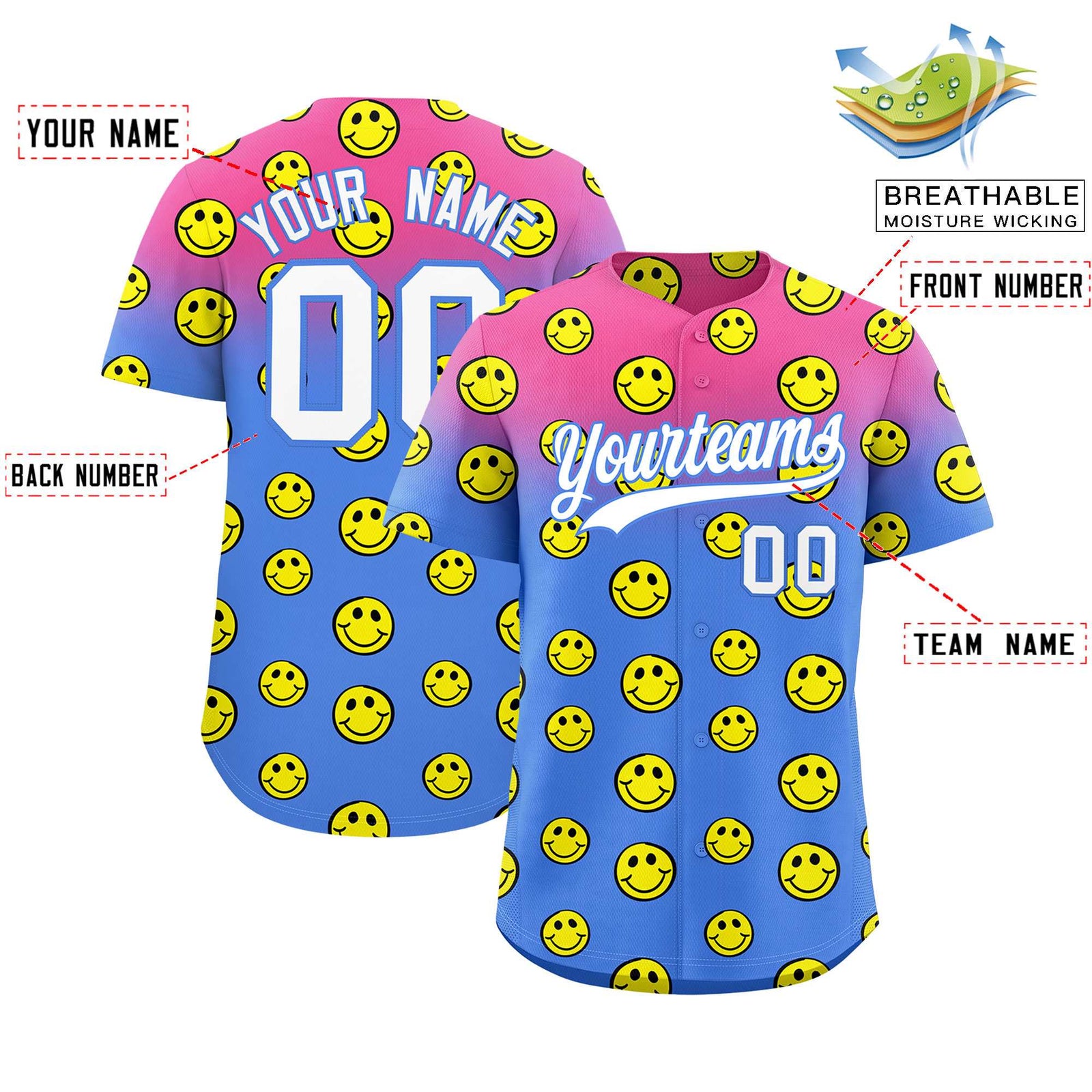 Custom Pink Light Blue Graffiti Gradient Pattern Authentic Smile Baseball Jersey