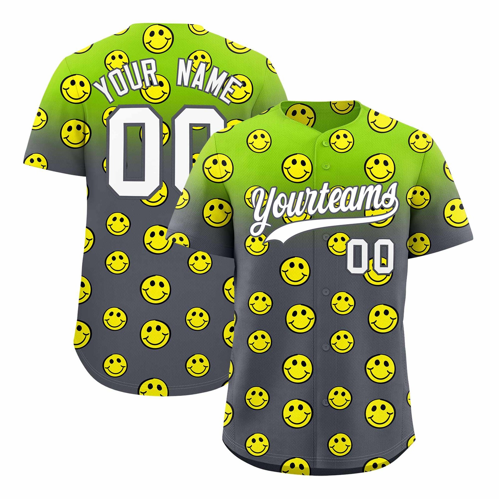 Custom Neon Green Dark Gray Graffiti Gradient Pattern Authentic Smile Baseball Jersey