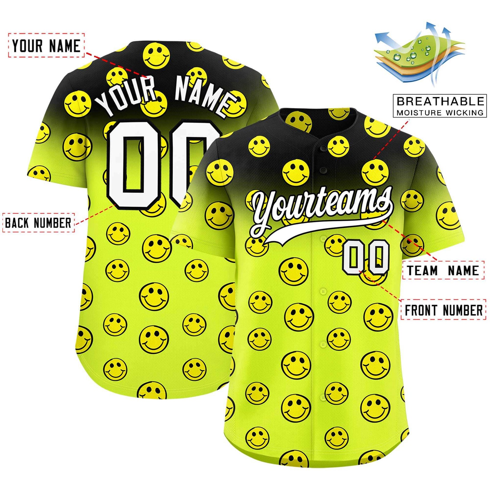 Custom Black Fluorescent Green Graffiti Gradient Pattern Authentic Smile Baseball Jersey