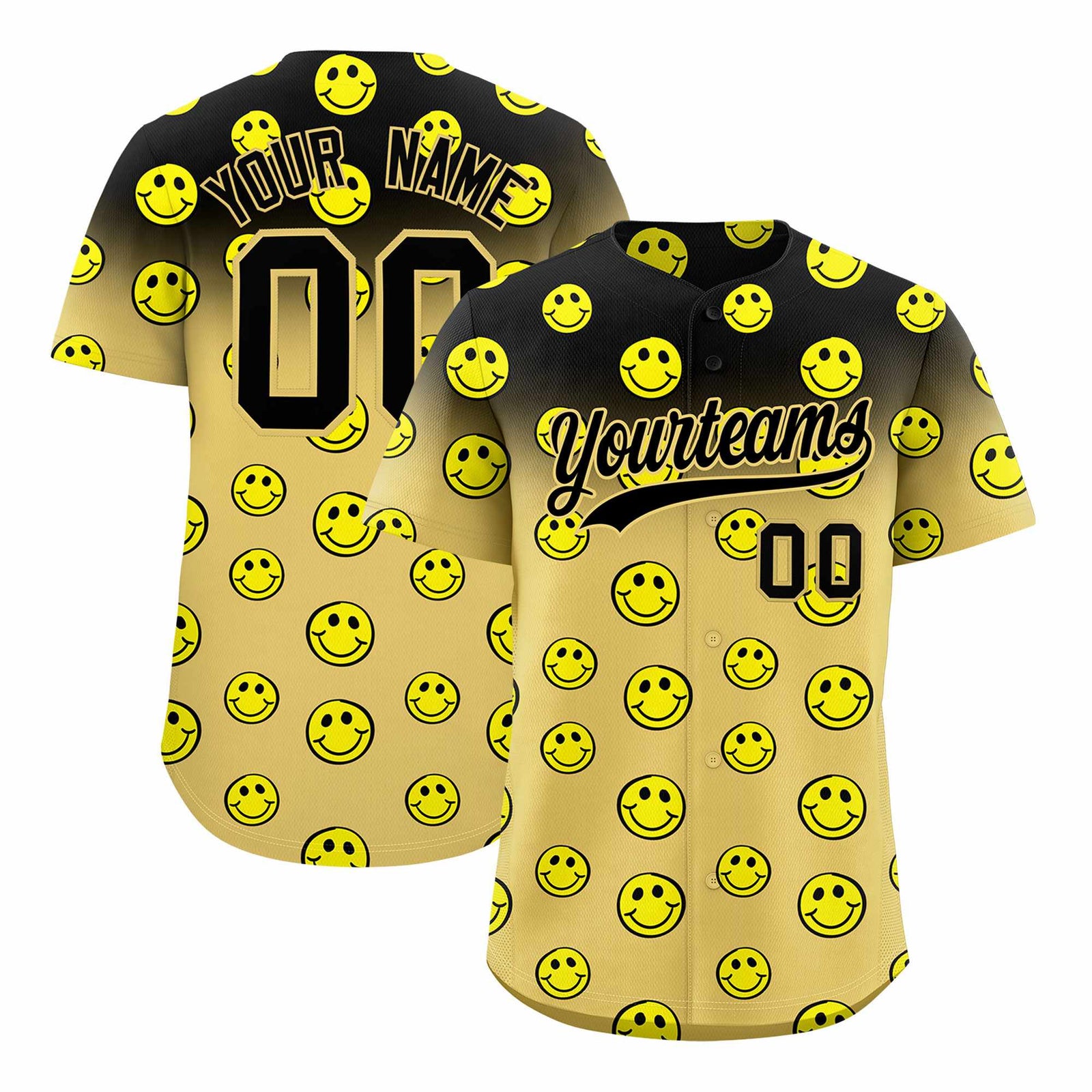 Custom Black Old Gold Graffiti Gradient Pattern Authentic Smile Baseball Jersey