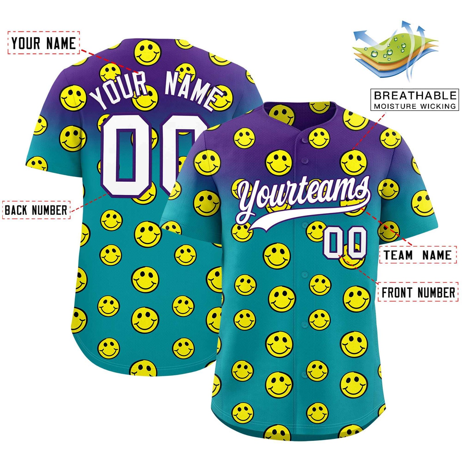 Custom Purple Aqua Graffiti Gradient Pattern Authentic Smile Baseball Jersey