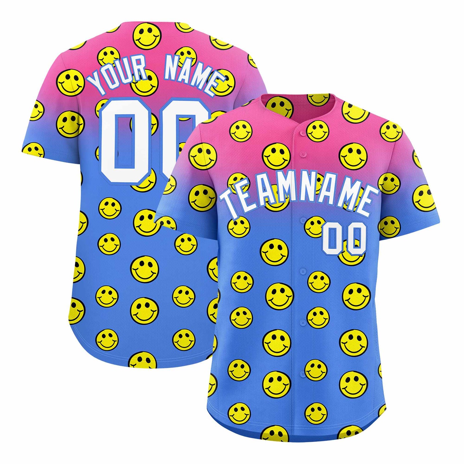 Custom Pink Light Blue Graffiti Gradient Pattern Authentic Smile Baseball Jersey