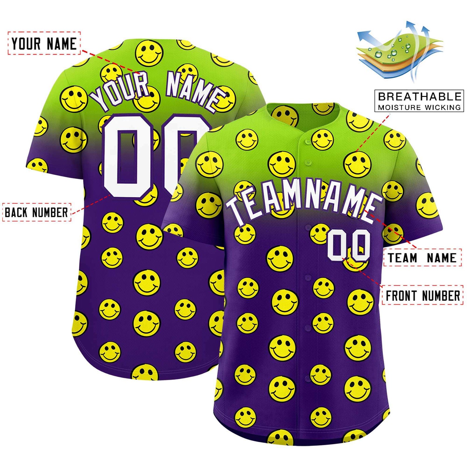 Custom Neon Green Purple Graffiti Gradient Pattern Authentic Smile Baseball Jersey