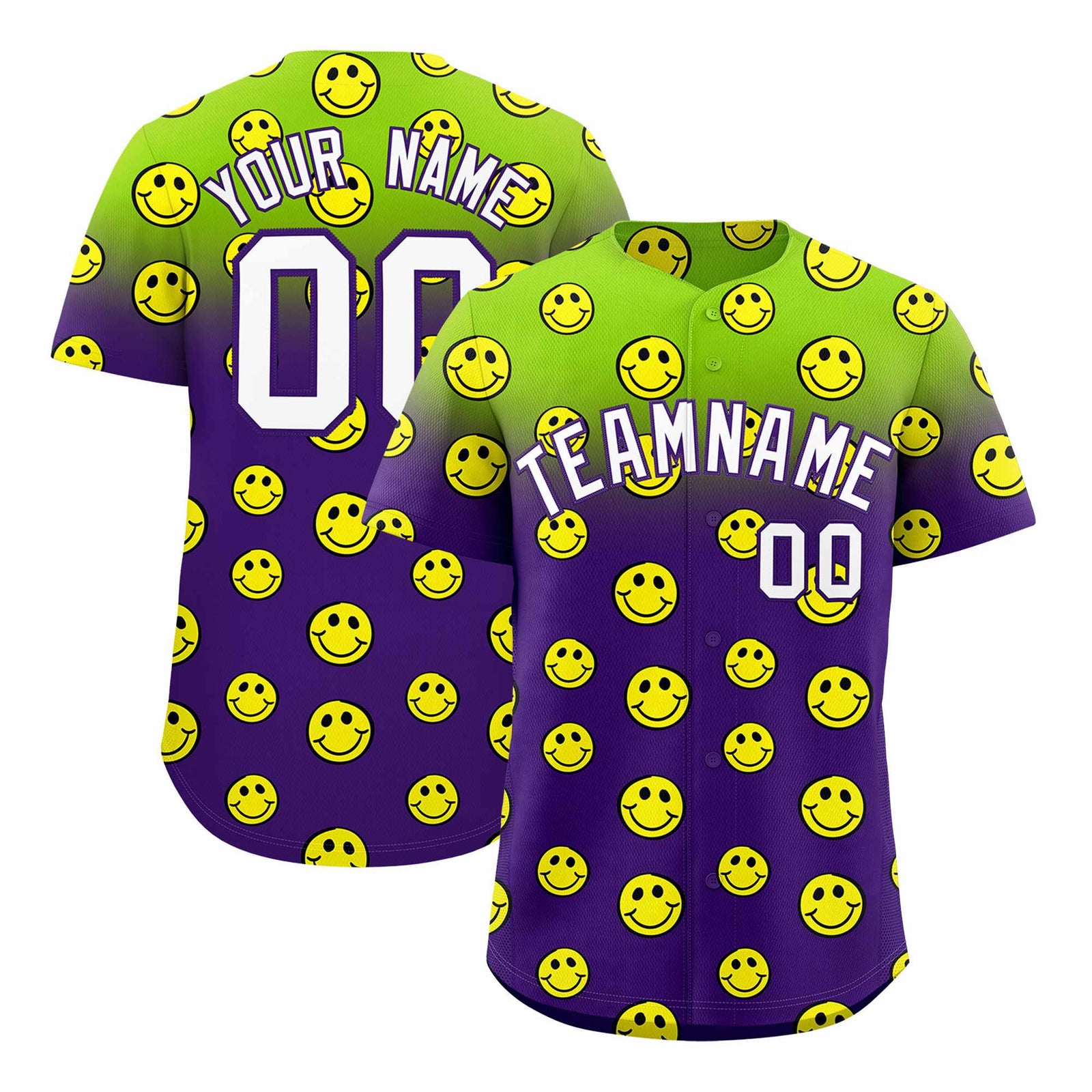 Custom Neon Green Purple Graffiti Gradient Pattern Authentic Smile Baseball Jersey