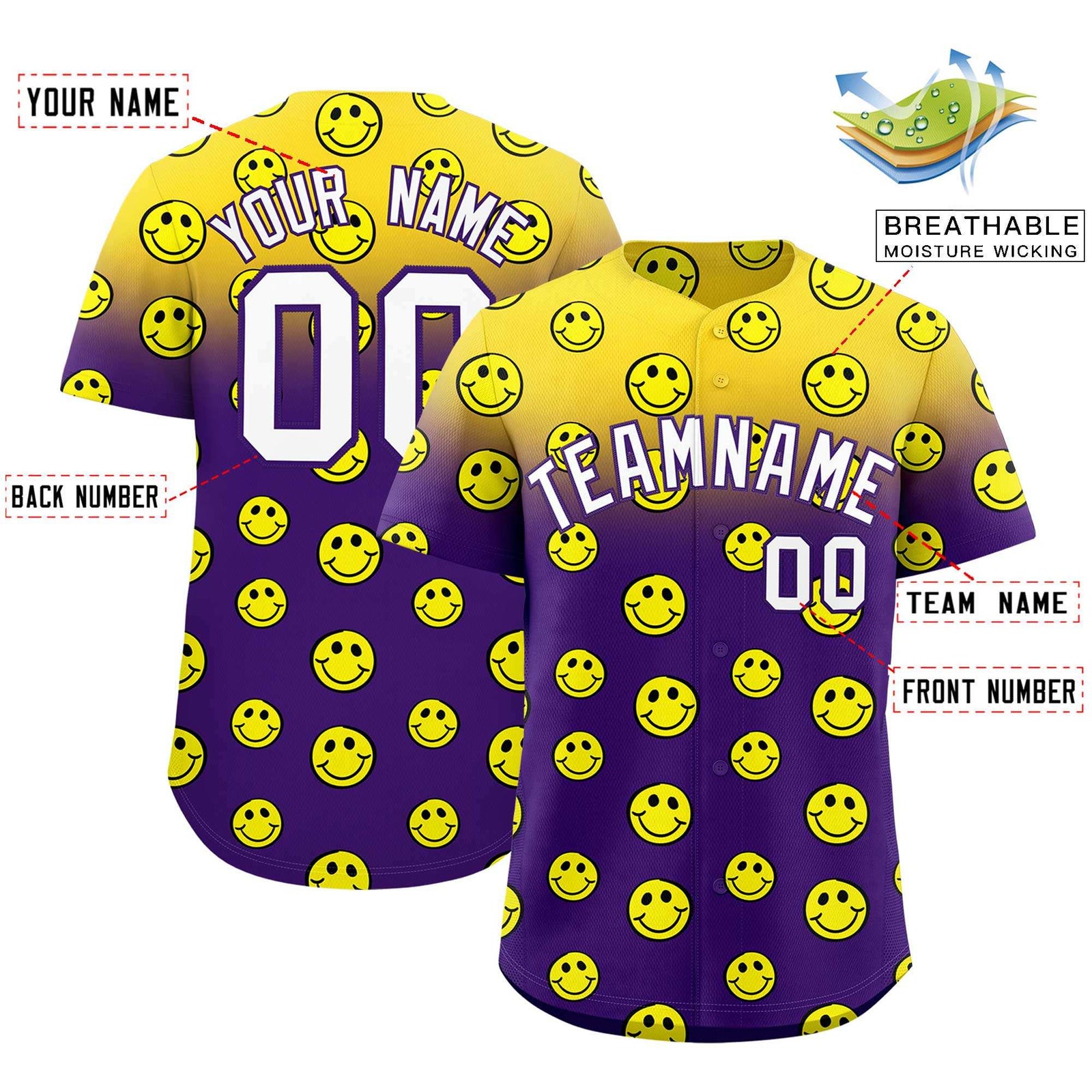 Custom Gold Purple Graffiti Gradient Pattern Authentic Smile Baseball Jersey