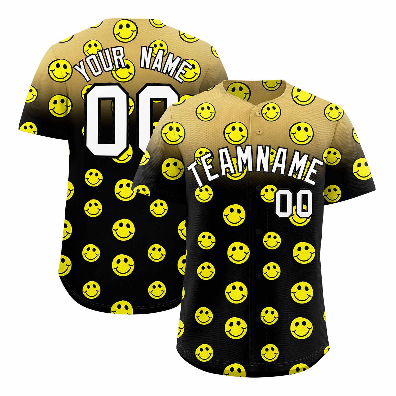 Custom Old Gold Black Graffiti Gradient Pattern Authentic Smile Baseball Jersey