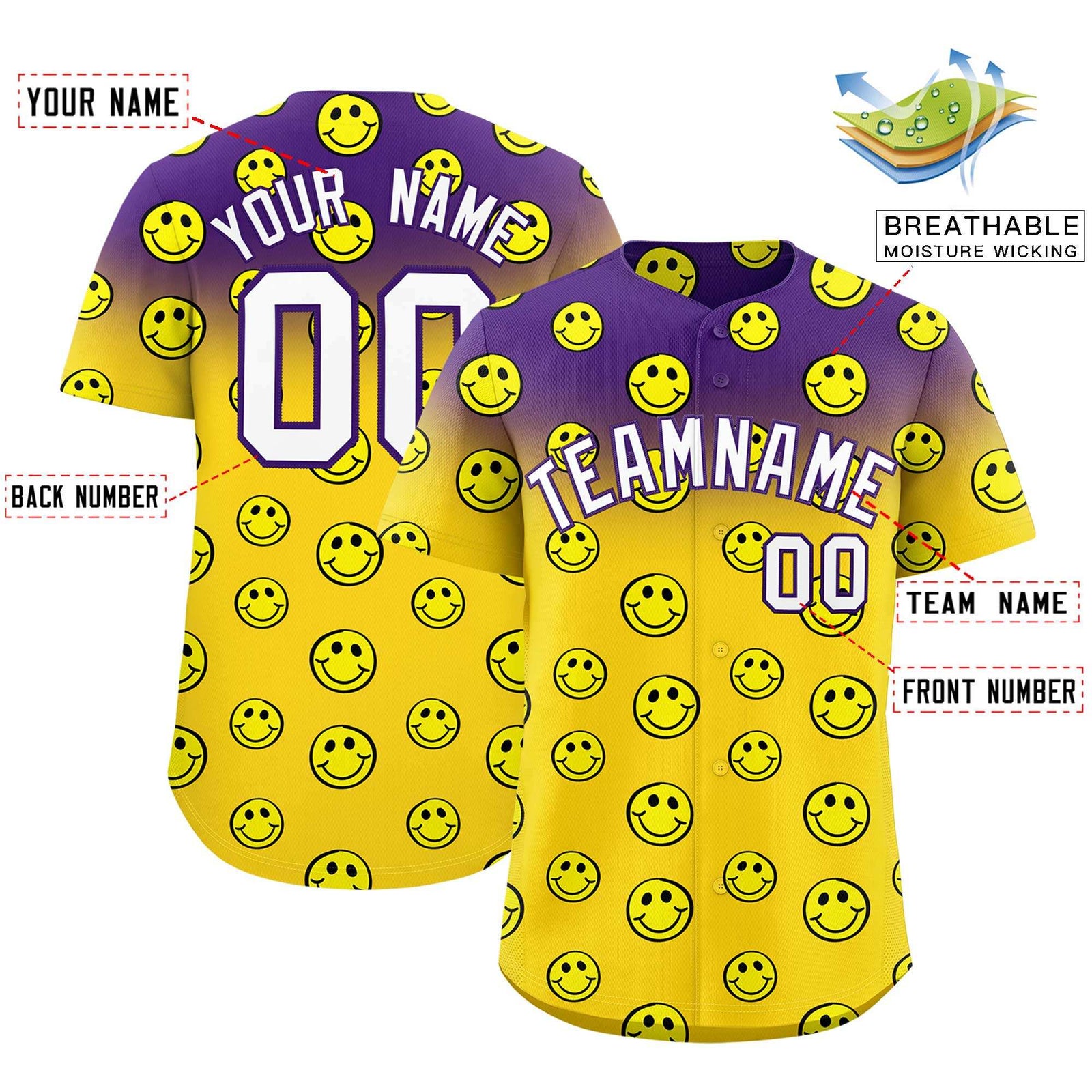 Custom Purple Gold Graffiti Gradient Pattern Authentic Smile Baseball Jersey