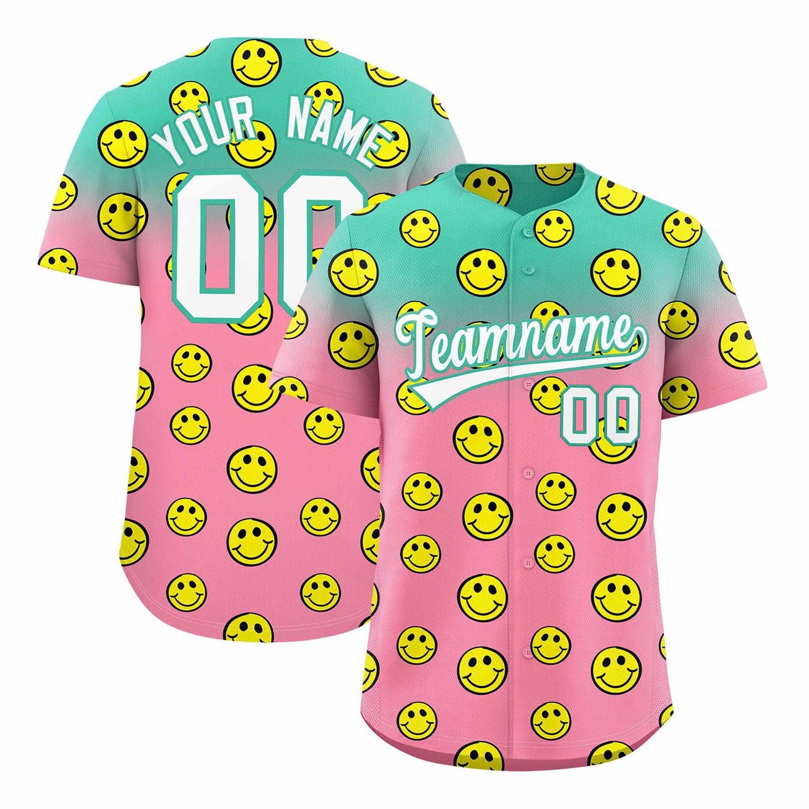 Custom Bright Green Light Pink Graffiti Gradient Pattern Authentic Smile Baseball Jersey