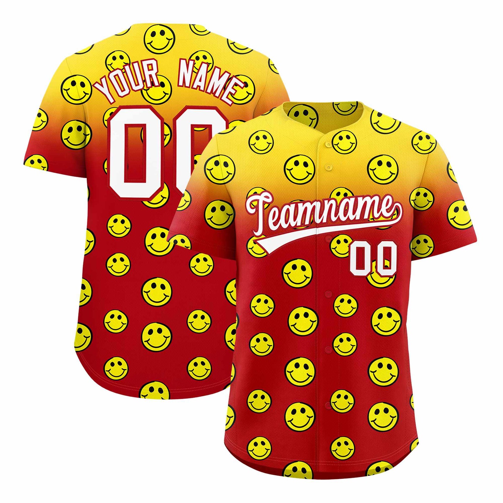 Custom Gold Red Graffiti Gradient Pattern Authentic Smile Baseball Jersey