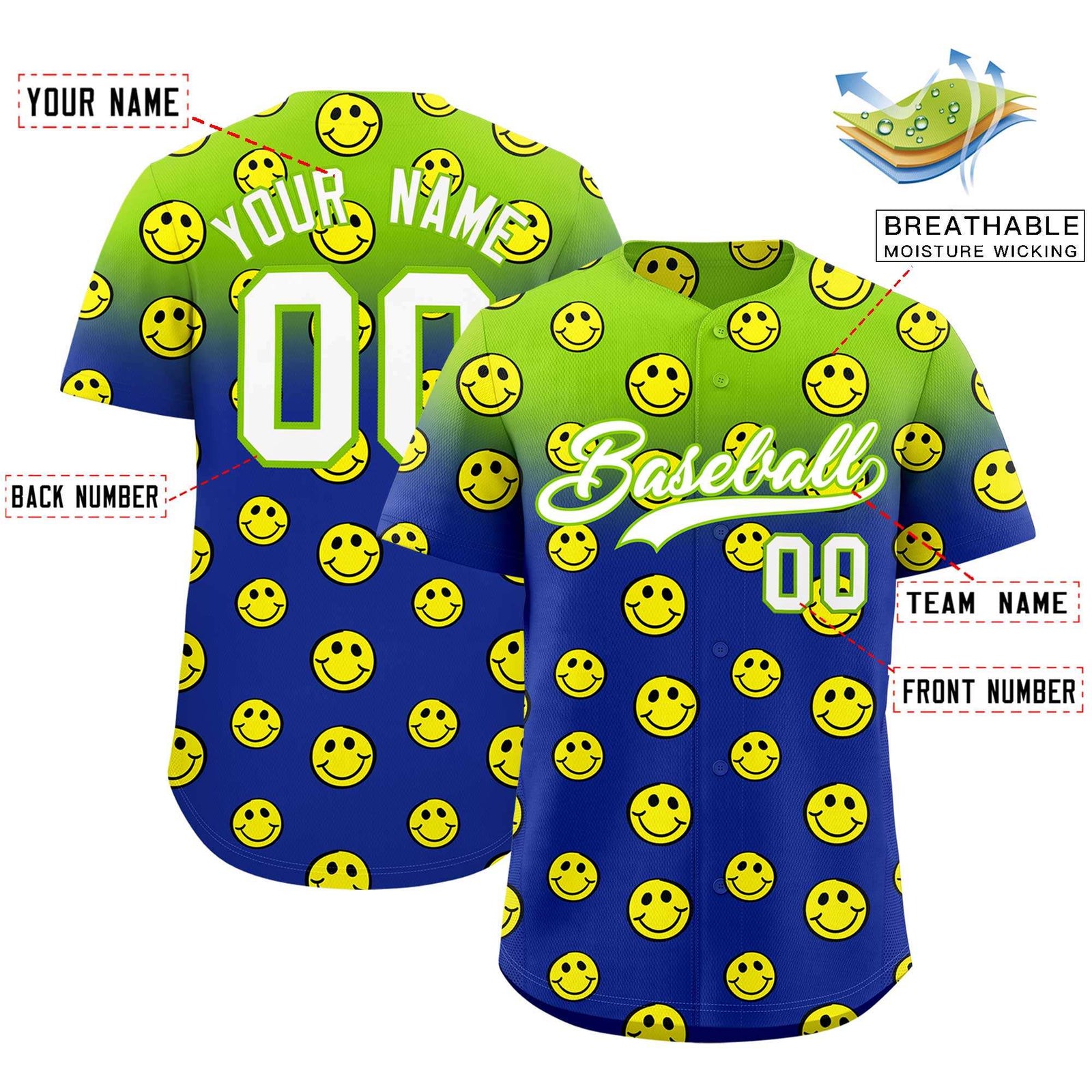 Custom Neon Green Royal Graffiti Gradient Pattern Authentic Smile Baseball Jersey