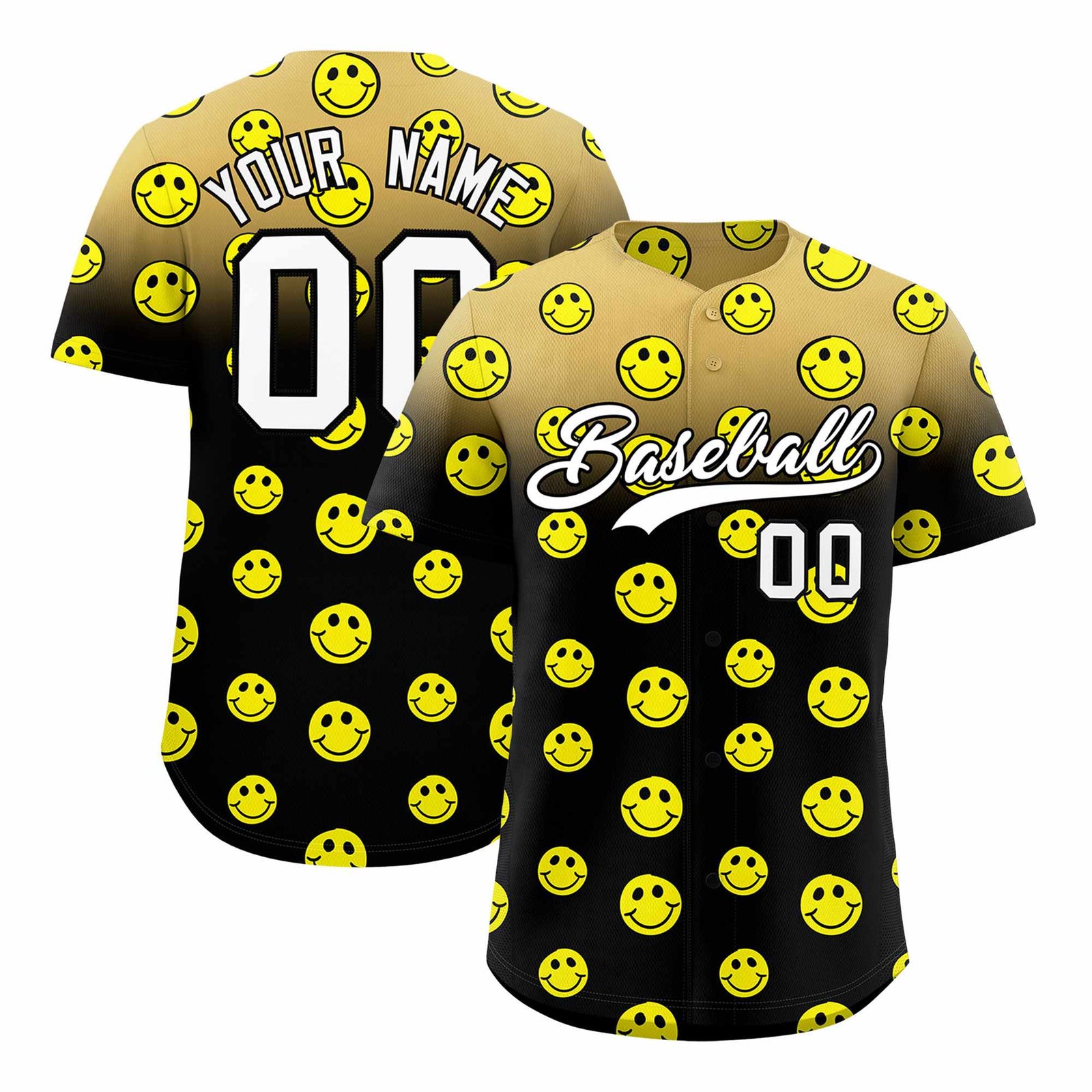 Custom Old Gold Black Graffiti Gradient Pattern Authentic Smile Baseball Jersey