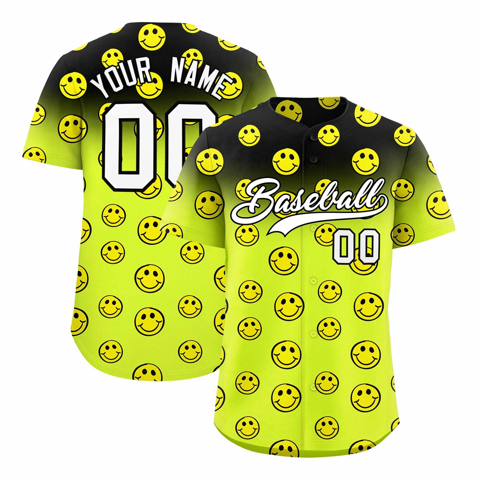 Custom Black Fluorescent Green Graffiti Gradient Pattern Authentic Smile Baseball Jersey