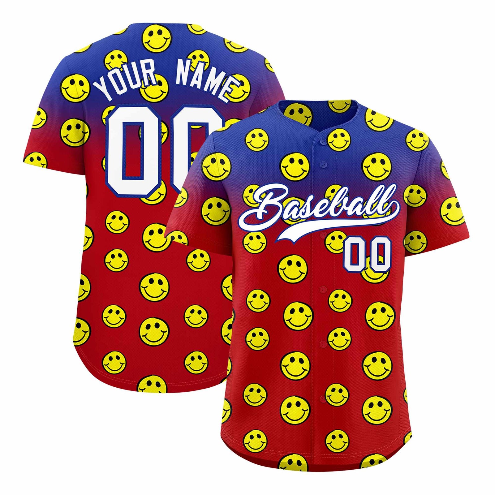 Custom Royal Red Graffiti Gradient Pattern Authentic Smile Baseball Jersey