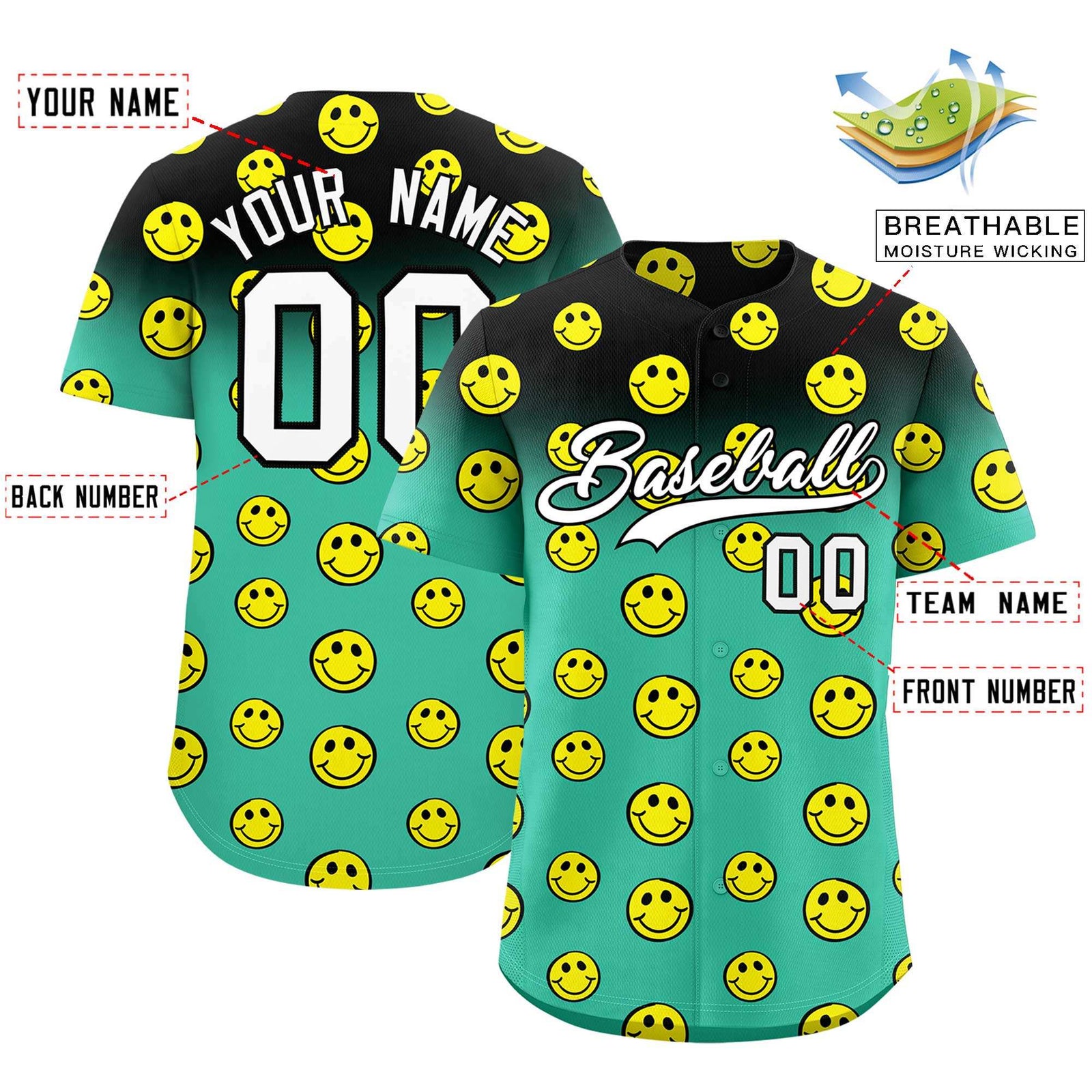 Custom Black Bright Green Graffiti Gradient Pattern Authentic Smile Baseball Jersey