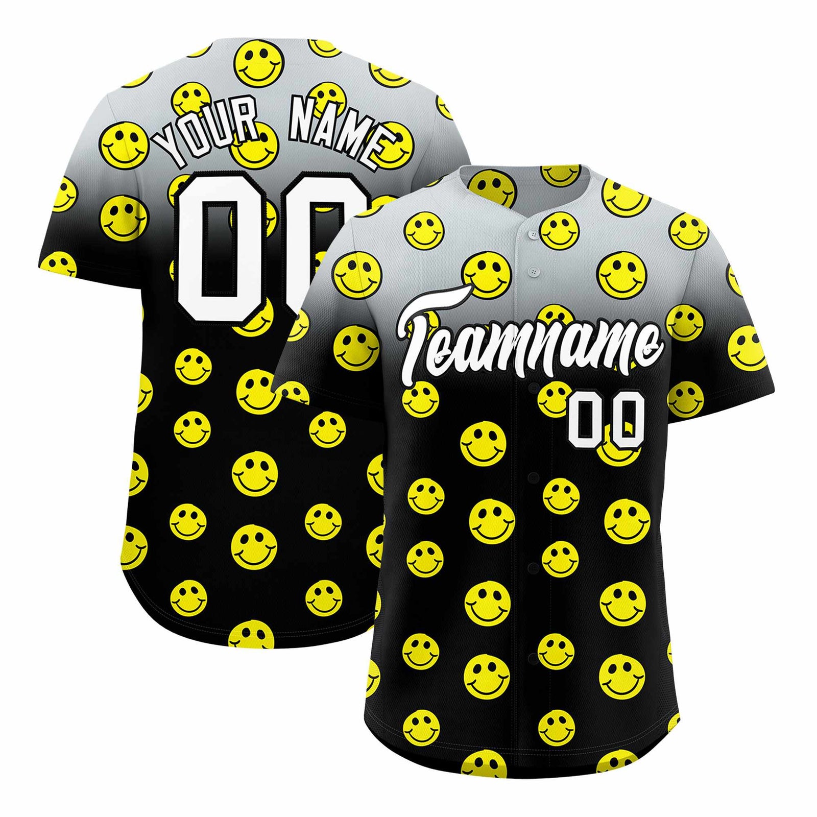 Custom Silver Black Graffiti Gradient Pattern Authentic Smile Baseball Jersey