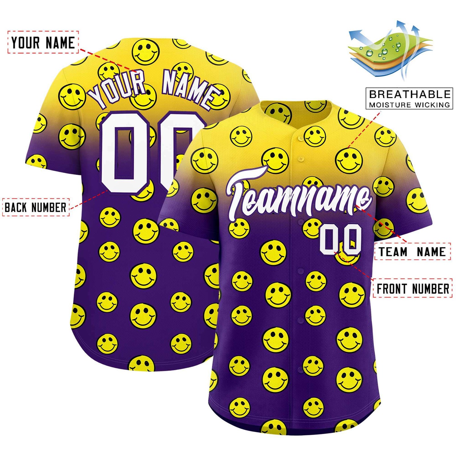 Custom Gold Purple Graffiti Gradient Pattern Authentic Smile Baseball Jersey
