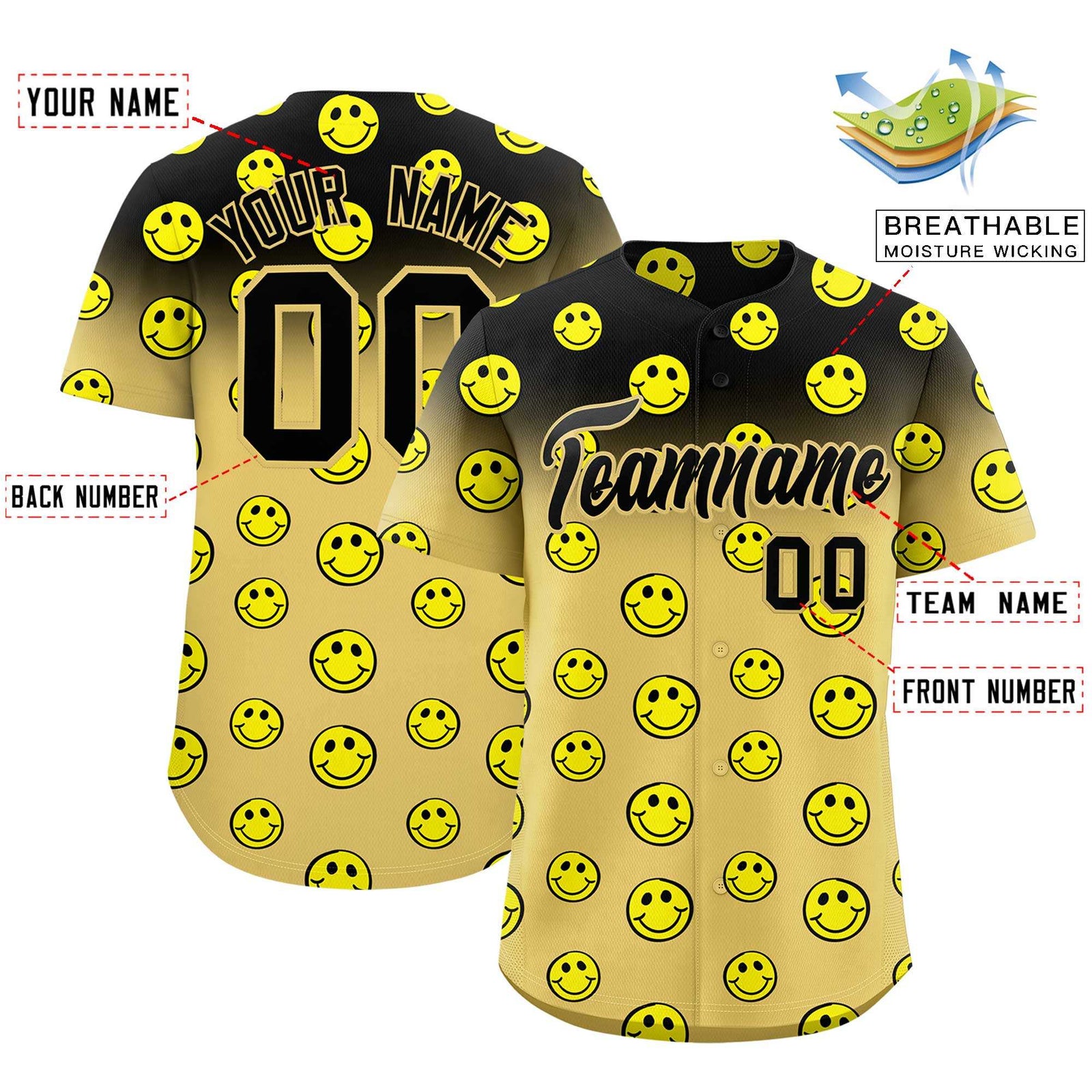 Custom Black Old Gold Graffiti Gradient Pattern Authentic Smile Baseball Jersey