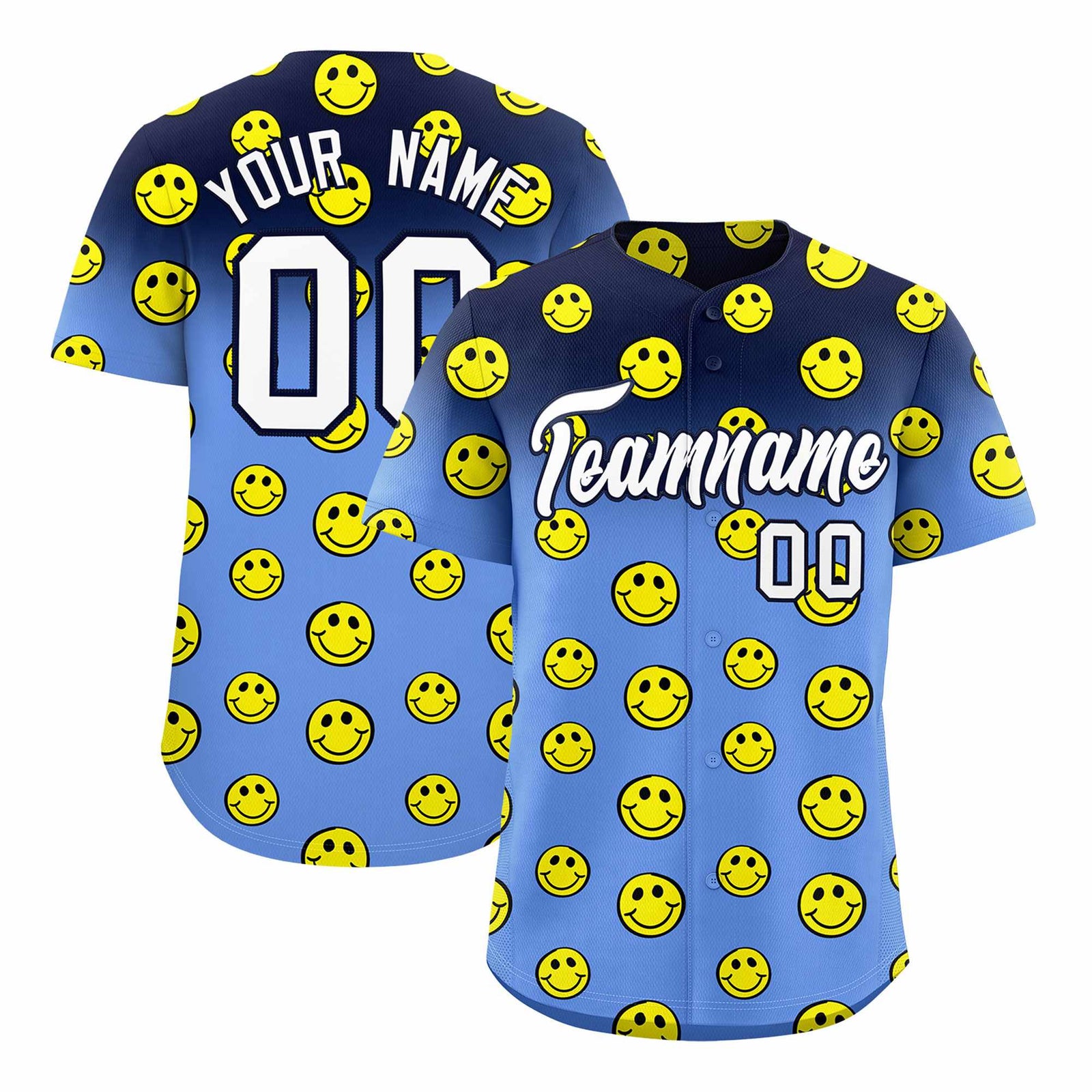 Custom Navy Light Blue Graffiti Gradient Pattern Authentic Smile Baseball Jersey