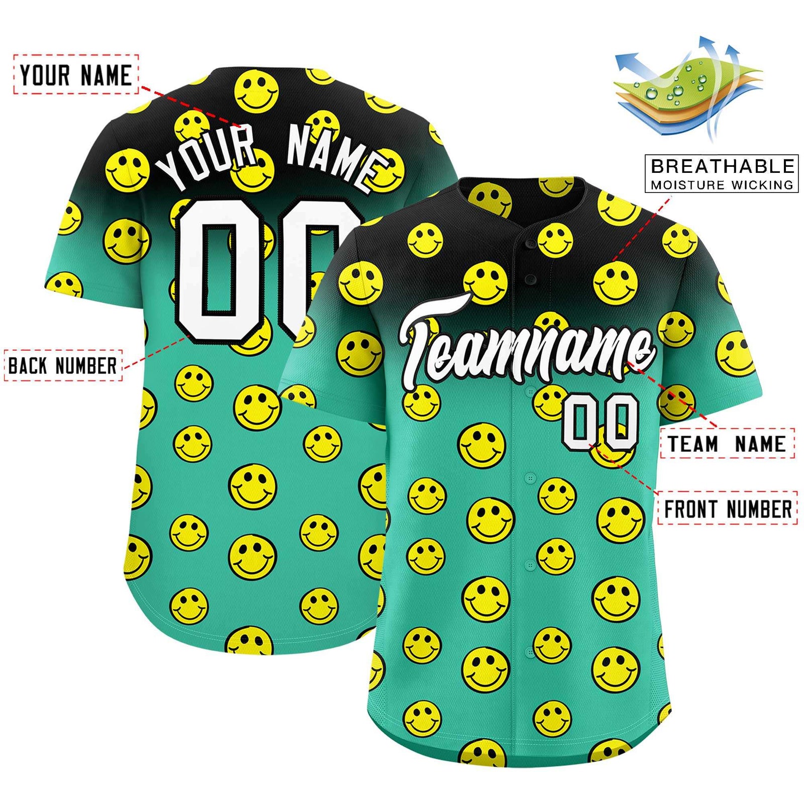 Custom Black Bright Green Graffiti Gradient Pattern Authentic Smile Baseball Jersey