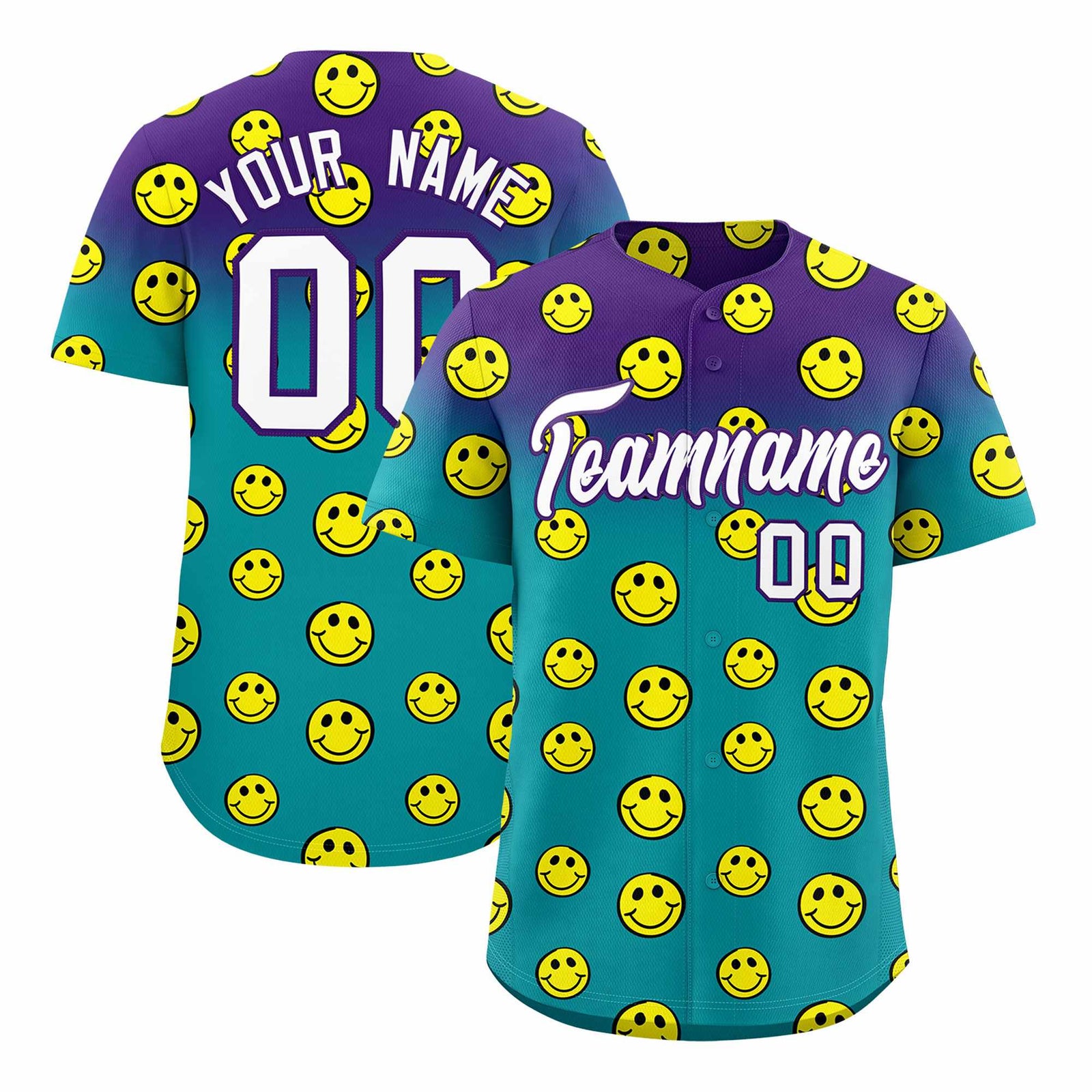Custom Purple Aqua Graffiti Gradient Pattern Authentic Smile Baseball Jersey