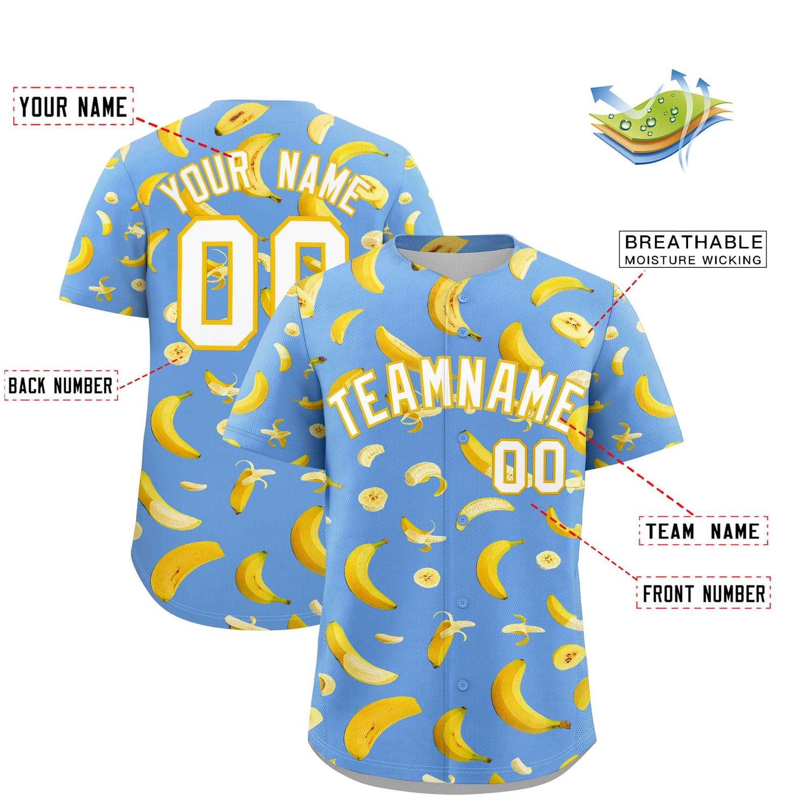 Custom Light Blue Banana Graffiti Pattern Fashion Authentic Baseball Jersey | Graffiti Pattern | Embroidery&Dye-sublimation printing | KXKSHOP